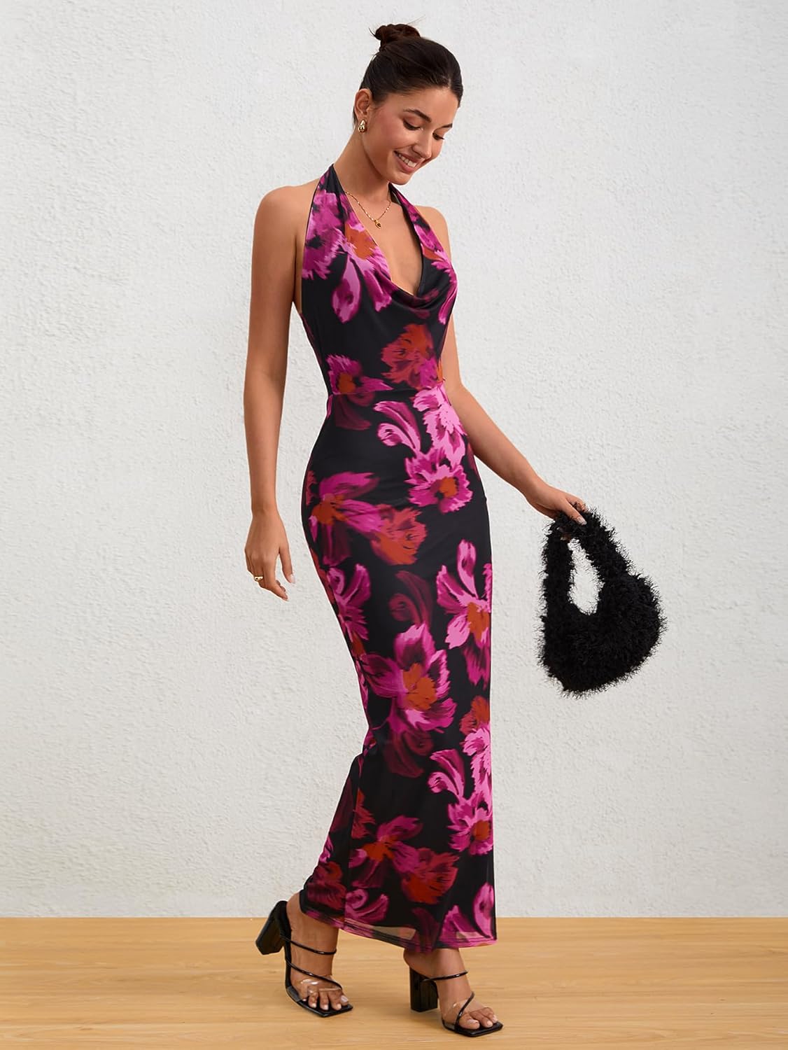 Milumia Women's Floral Halter Dress Backless Mesh Deep V Neck Cotail Wedding Party Maxi Dress - Image 6