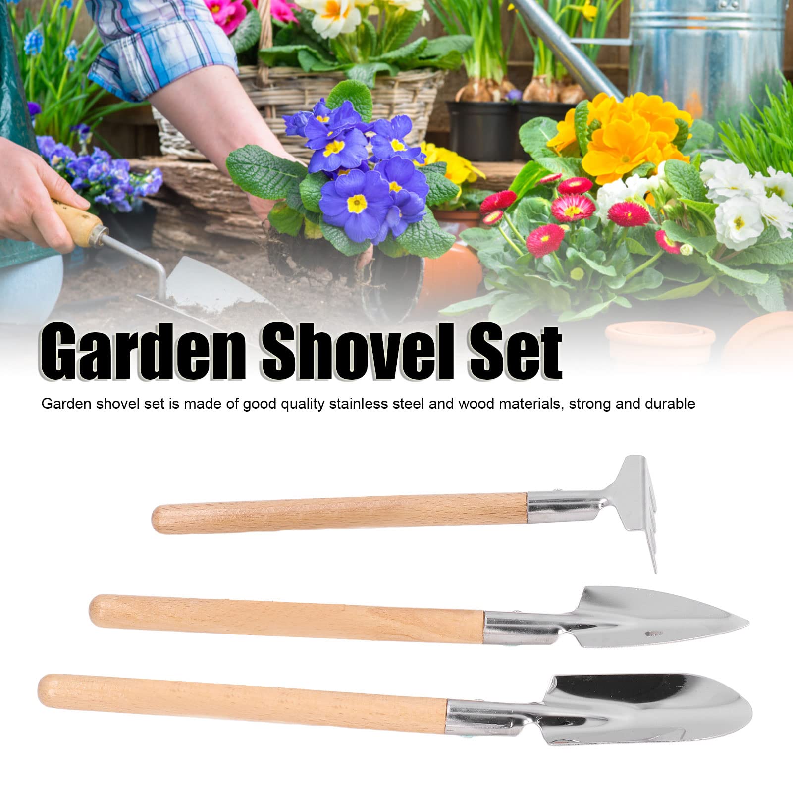 Set Mini Attrezzi Giardinaggio In Acciaio - Pala, Rastrellino E Forchetta Con Manico Legno - Foto 8