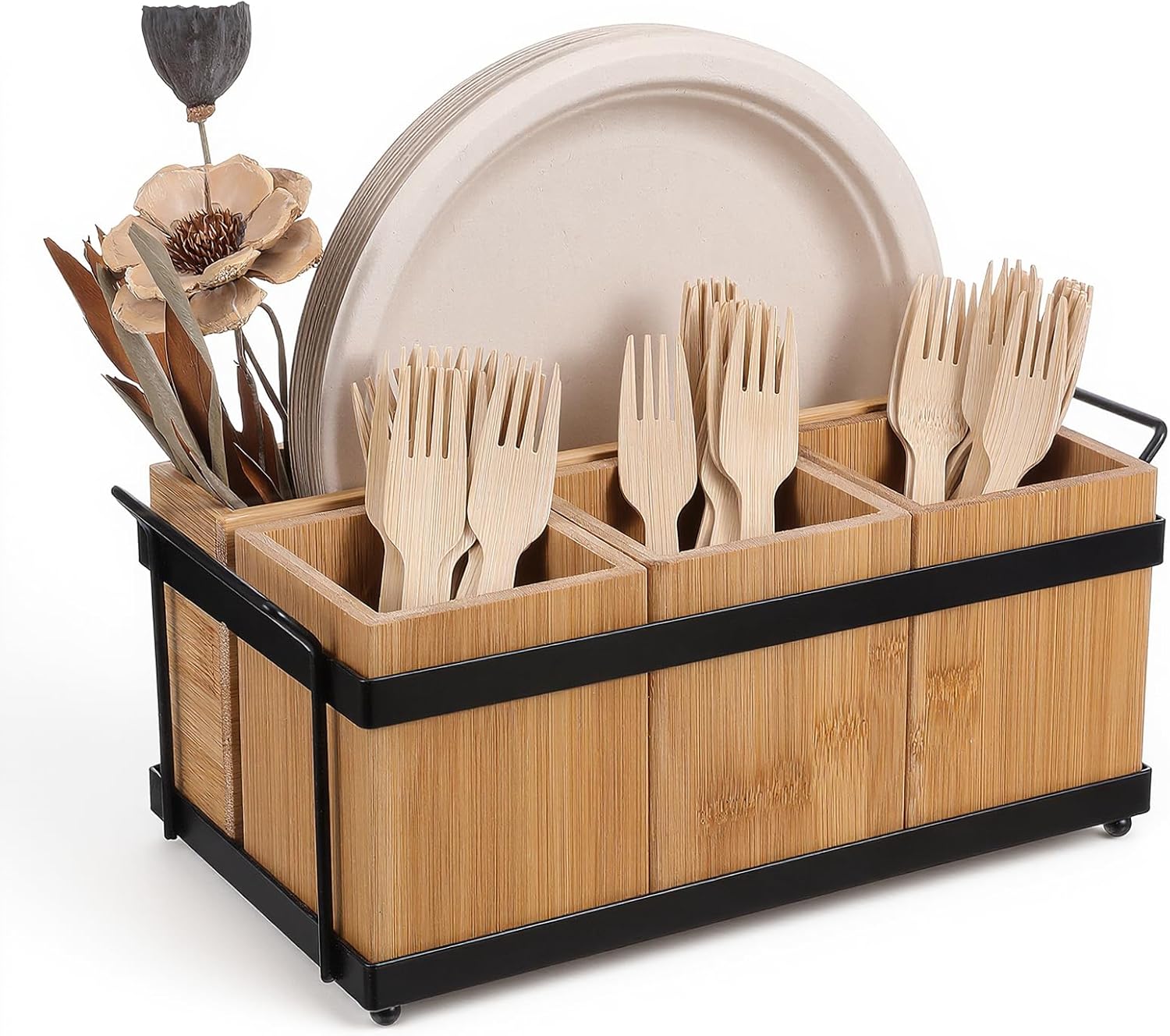 Silverware Caddy Utensil Holder for Party Countertop, Wood Cutlery Flatware Organizer Box Holder Paper Plate Dispenser with 4 Compartments Portable Handle for Spoons Forks Plates Napkins