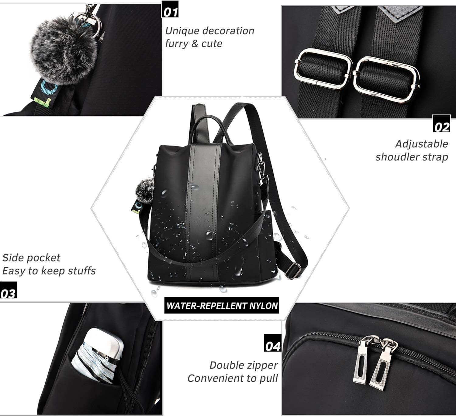 TcIFE Womens Backpack Anti-Theft Bag Waterproof School Bag Lightweight Travel Daypack M 1-1 Schwarzes Mittel