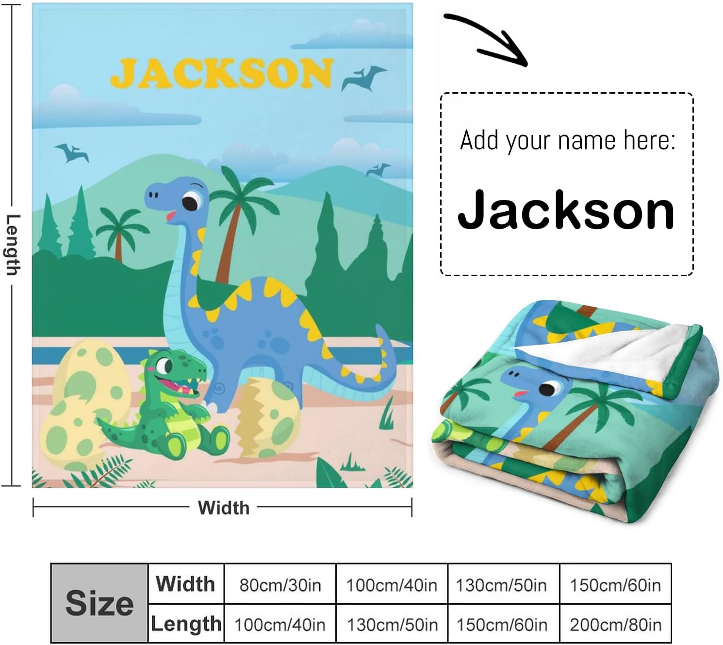 Personalized Baby Blankets for Girls Boys with Name - Custom Dinosaur Throw Blanket for Kids Toddler - Customized Soft Fleece Swaddle Blanket for Baby Shower, Birthday- 40"x50" Blue