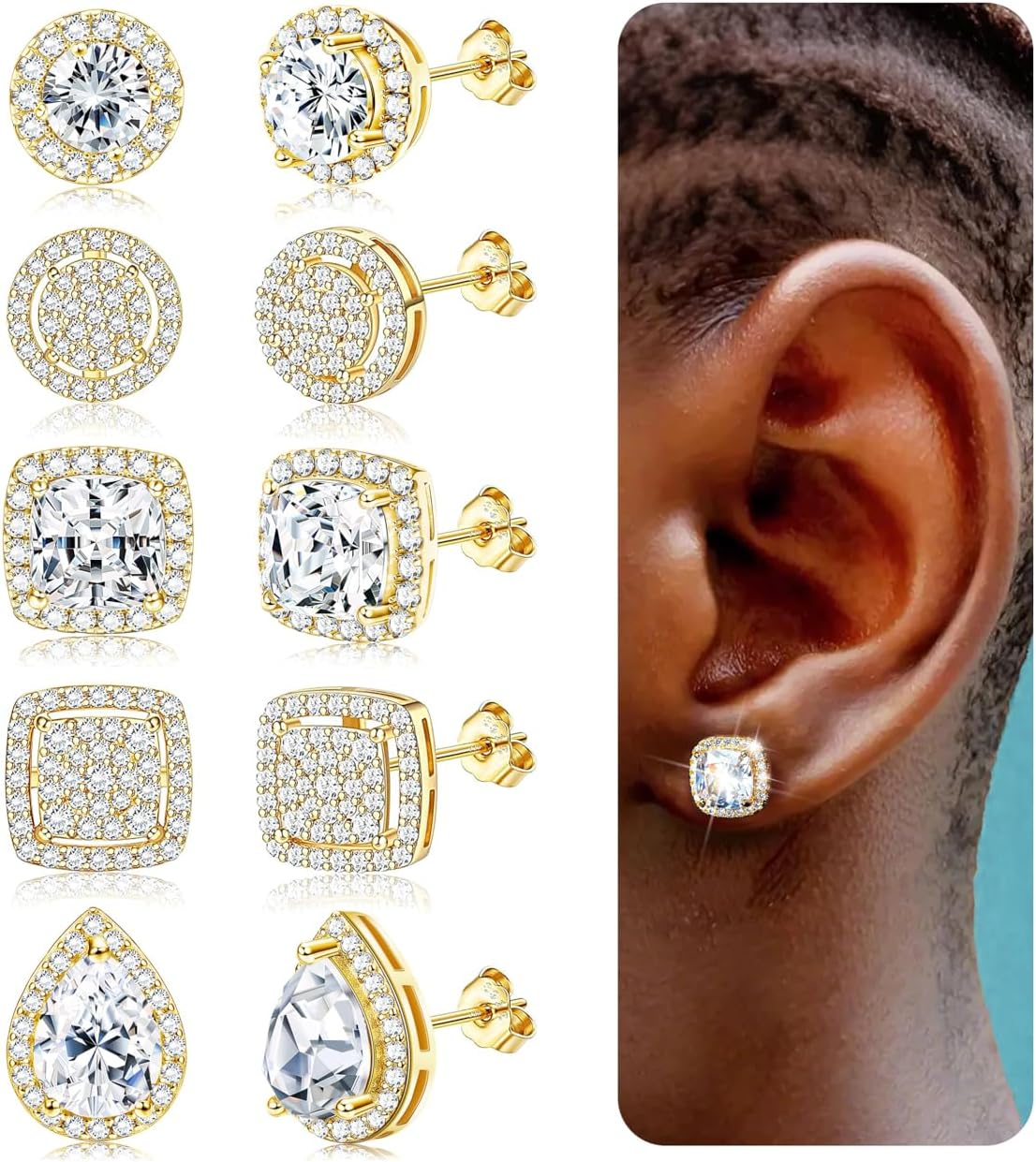 LOYALLOOK Cubic Zirconia Stud Earrings for Women Men Simulated Diamond CZ Halo Stud Earrings Round Square Iced Out Earrings 18K Gold Plated Hypoallergenic 925 Sterling Silver Post Earrings Set