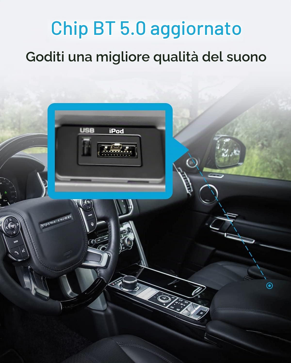 Adattatore Bluetooth per auto con cavo iPod - Adattatore audio Senza-fili premium per Land Rover, Range Rover e Jaguar - Bluetooth 5.0 con suono HD