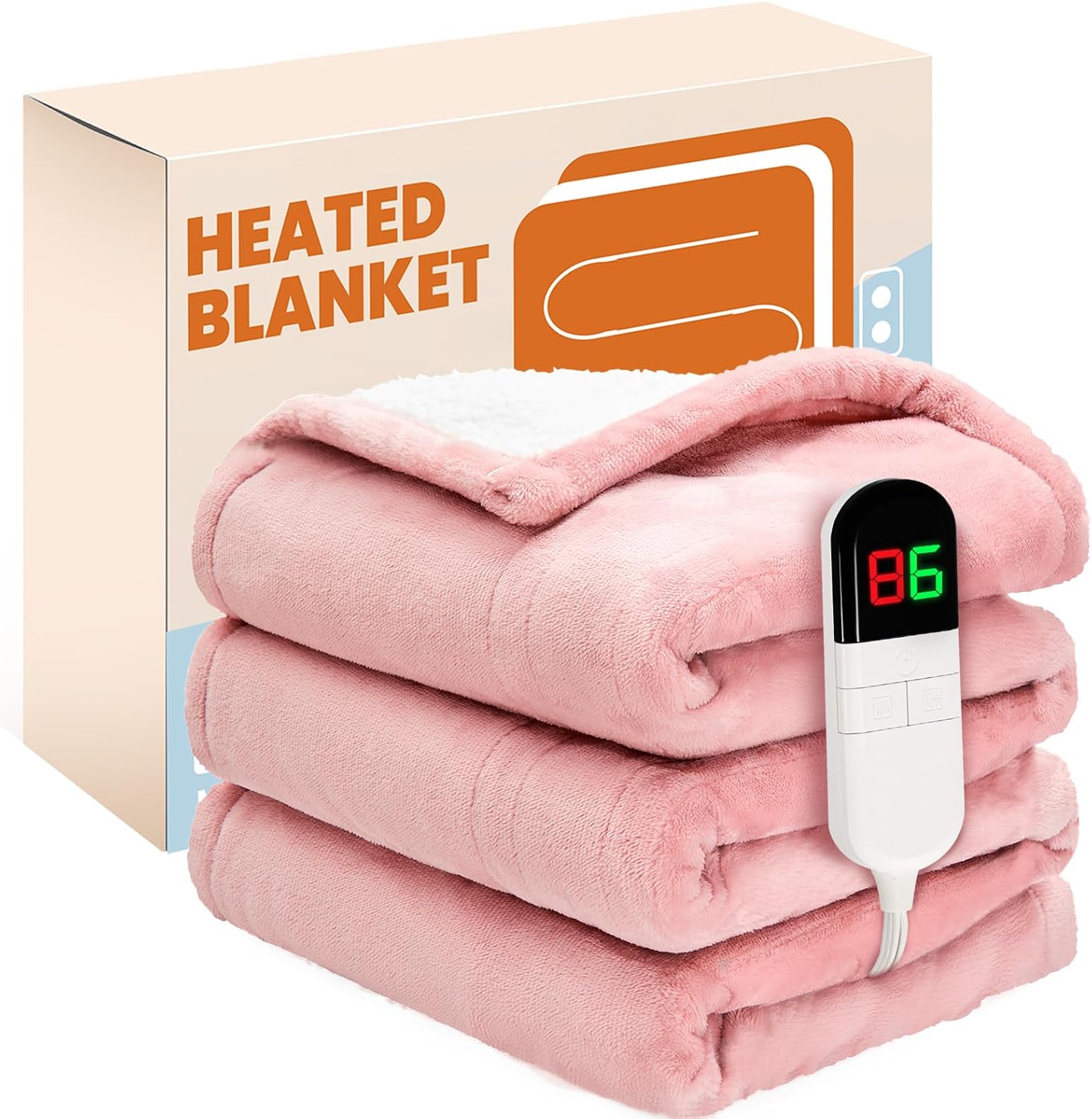 PTQ Electric Heated Blanket,Flannel & Sherpa Heated Throw Blanket 50"x60",Fast Heating Soft Fleece Blanket with 8 Heating Levels & 8H Auto Off-Pink
