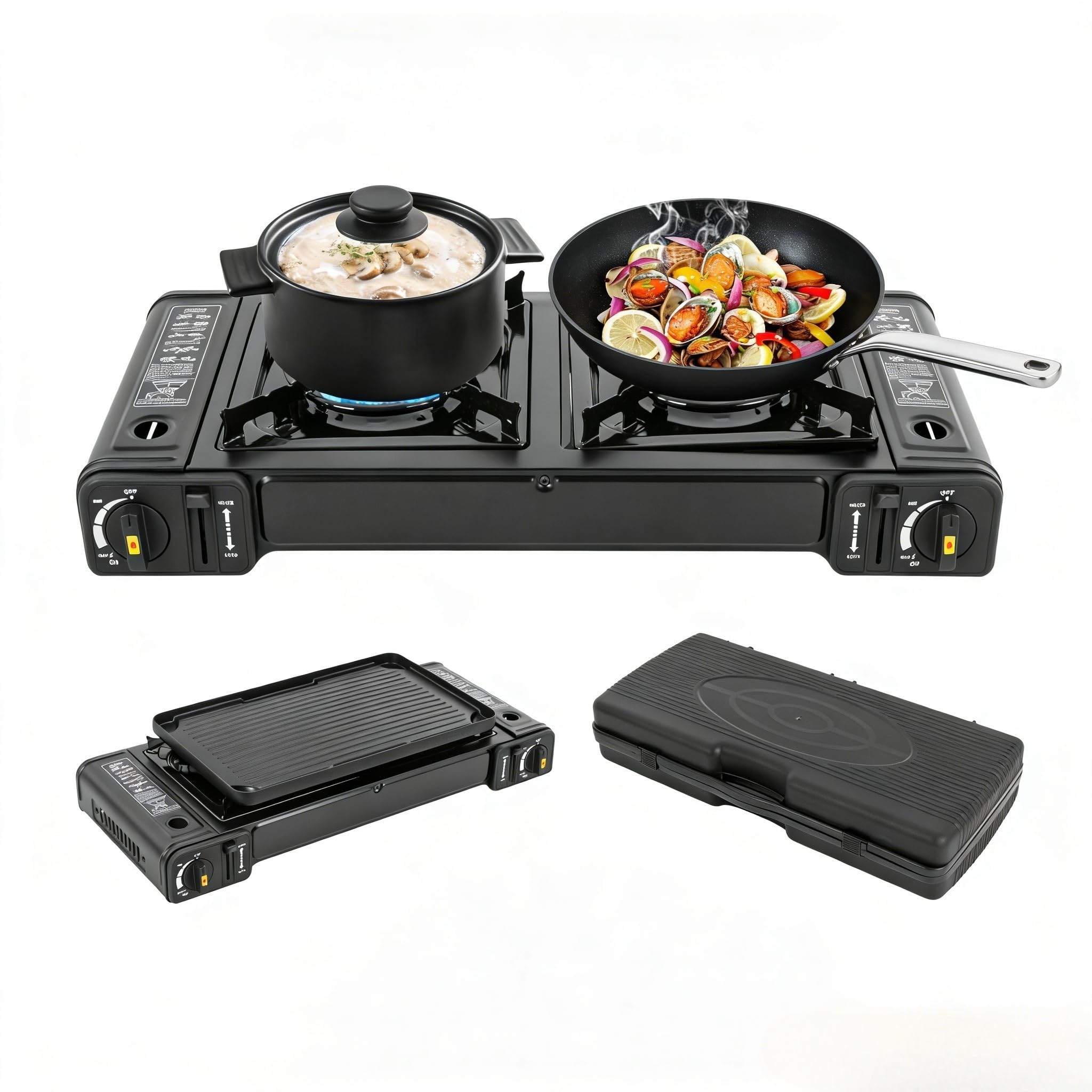 Réchaud à Gaz Camping 2 Feux Portable avec Plaque de Cuisson et Mallette Transport