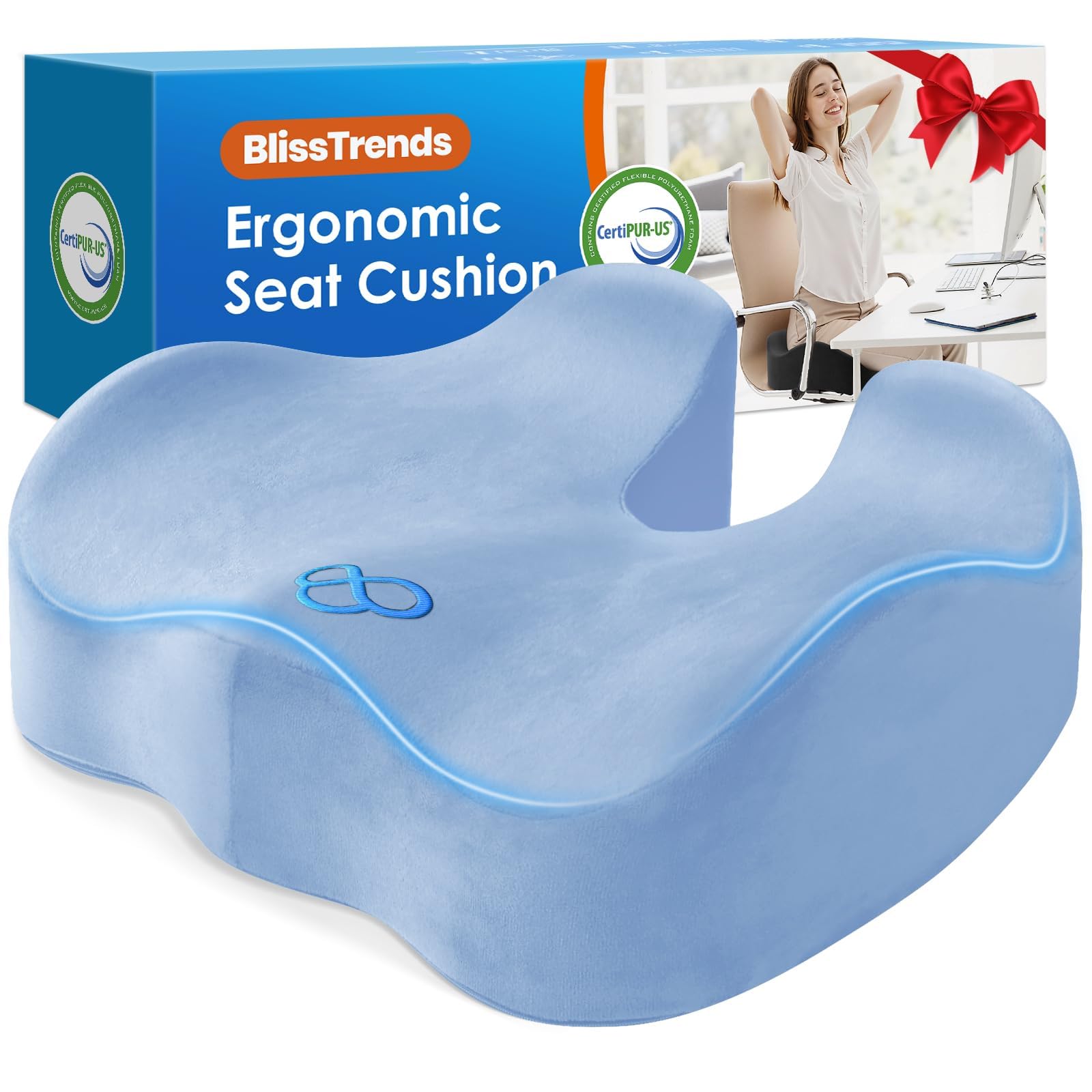 BlissTrends Memory Foam Seat Cushion for Office Chair & Car Seat, LightBlue | Ergonomic Tailbone & Sciatica Support with Removable Velvet Cover for Pressure Relief and Long Sitting Comfort, 3.3" Thick
