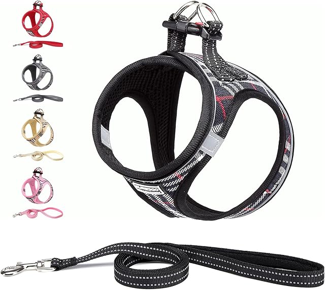 Suredoo Dog Harness and Lead Set, Step-in Breathable Reflective Puppy Cat Dog Vest Harnesses for Small Medium Dogs (XXS, Black Plaid)
