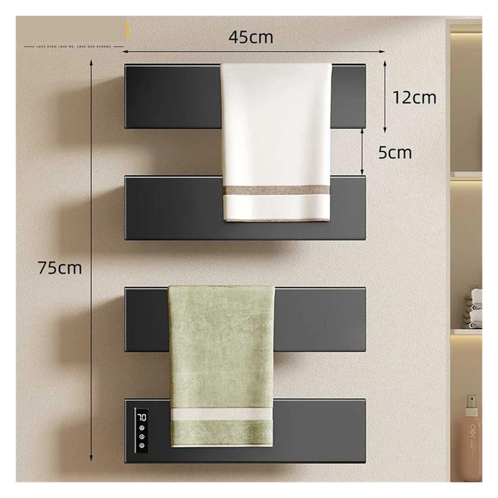 Radiador toallero calefactable Toallero Eléctrico Inteligente, Sin Perforación, Toallero De Baño, Calefacción Y Secado, Toallero, Desinfección, Accesorios De Baño (Color : Black-4-Hidden Wire)