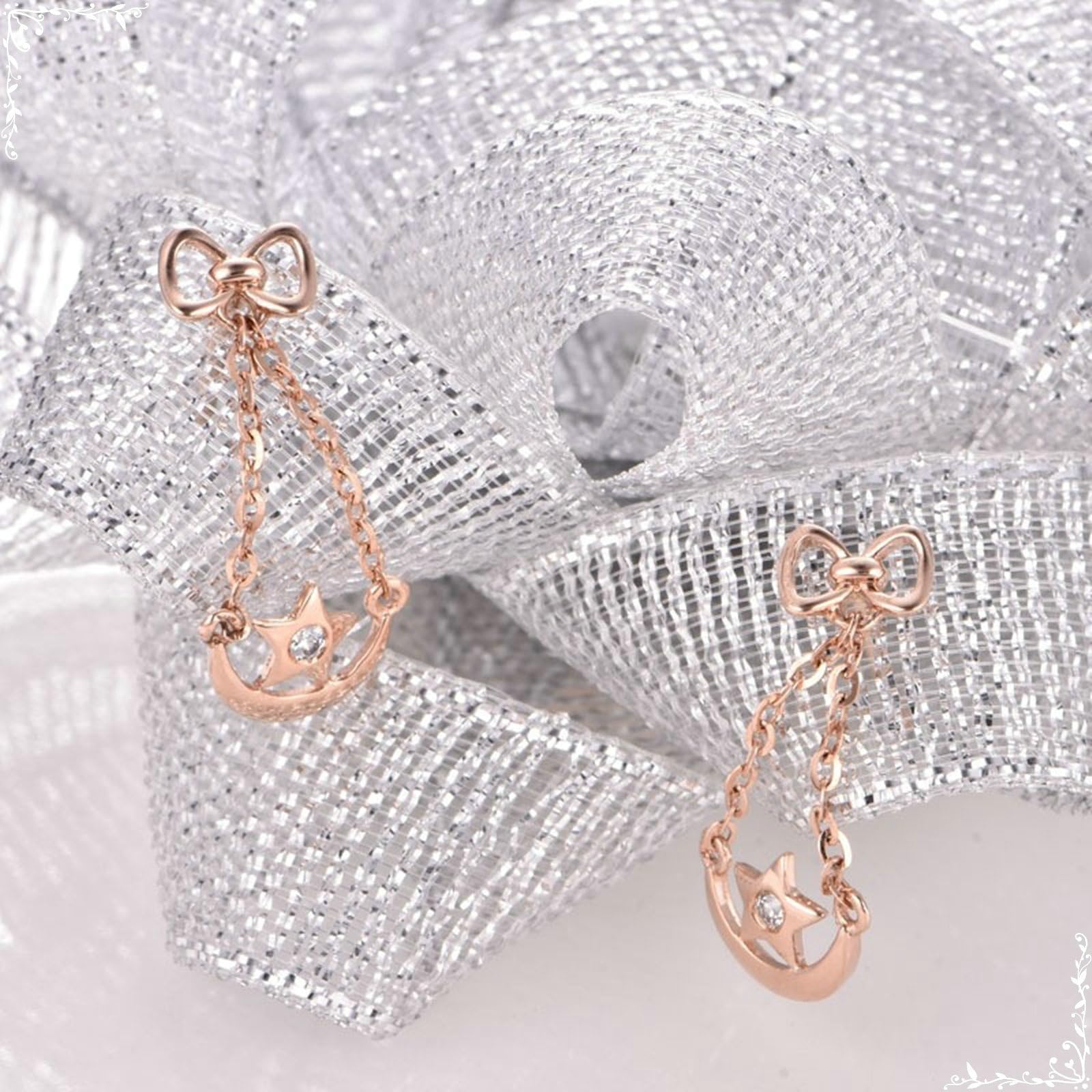 Ohrstecker für Damen, Ohrringe aus 9/18-karätigem Weißgold, Schleife, Mond und Stern, mit runden Diamant-/Moissanit-Ohrringen