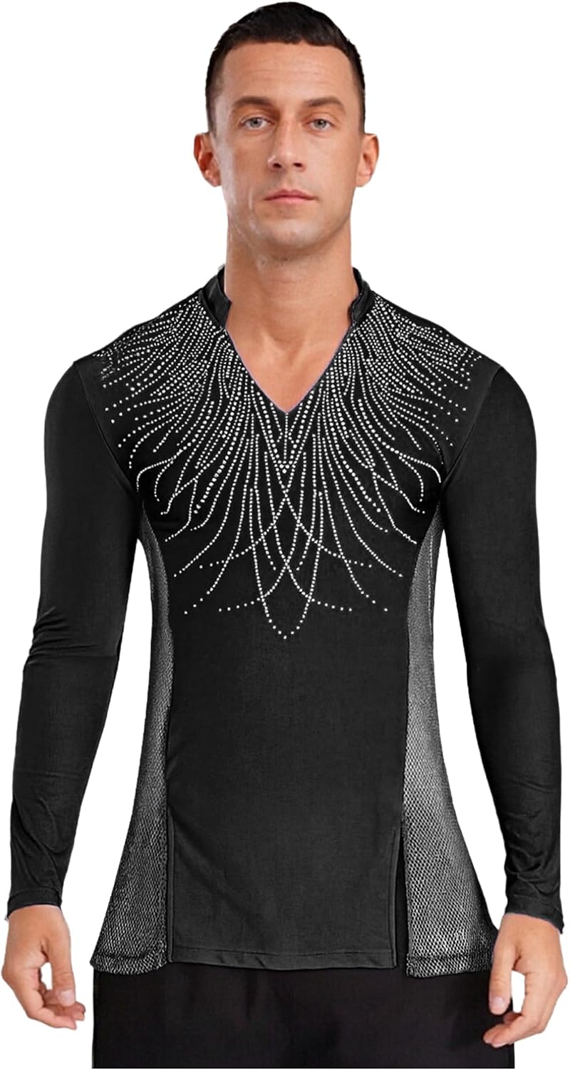 ranrann Men's Latin Ballet Dance Shirt Rhinestones Long Sleeve Blouse Shirt Ballroom Dance Cha Cha Samba Top