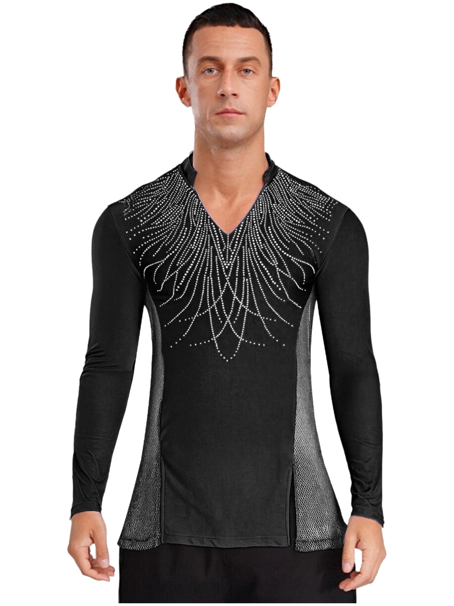 ranrann Homme Haut Danse Latine Manches Longues Strass Scintillants en Maille Top Danse Salsa Rumba Samba Chemise Jazz Moderne