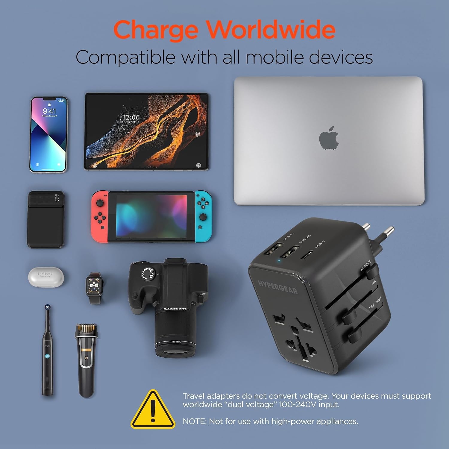 HyperGear Universal Travel Adapter - European Travel Plug Adapter, International Power Adapters for Europe, AUS, US, UK Adapters for Travels Worldwide with USB-C, Outlet Converter, Plug Converter