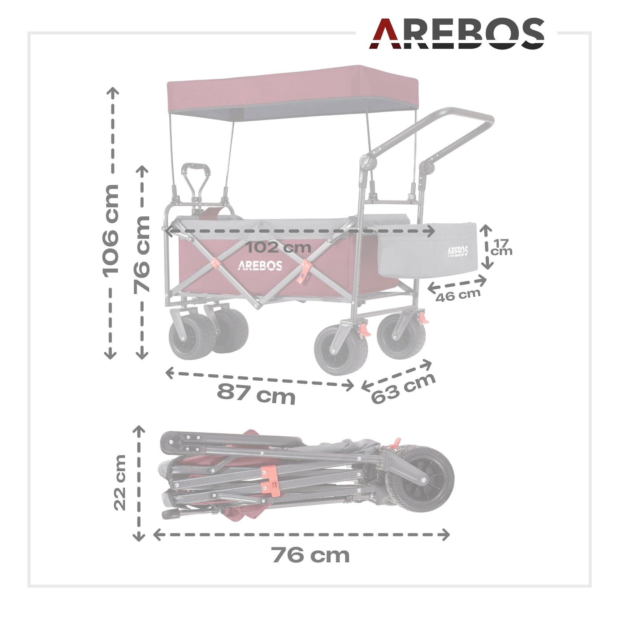 Arebos Wózek plażowy | Wózek transportowy składany z dachem | luksusowy wózek ręczny | wózek na narzędzia | czerwon