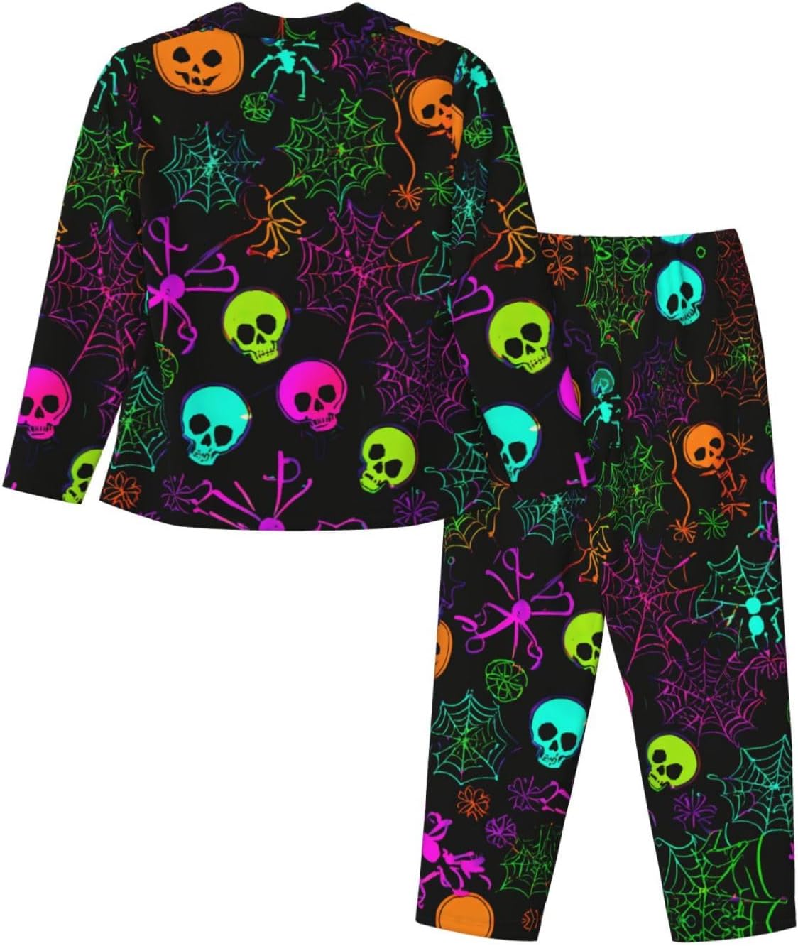 Halloween Skull Print Women'S 2 Piece Pajama Sets Long Sleeve Button Down Shirt And Pants Sleepwear Sets S-Xxl