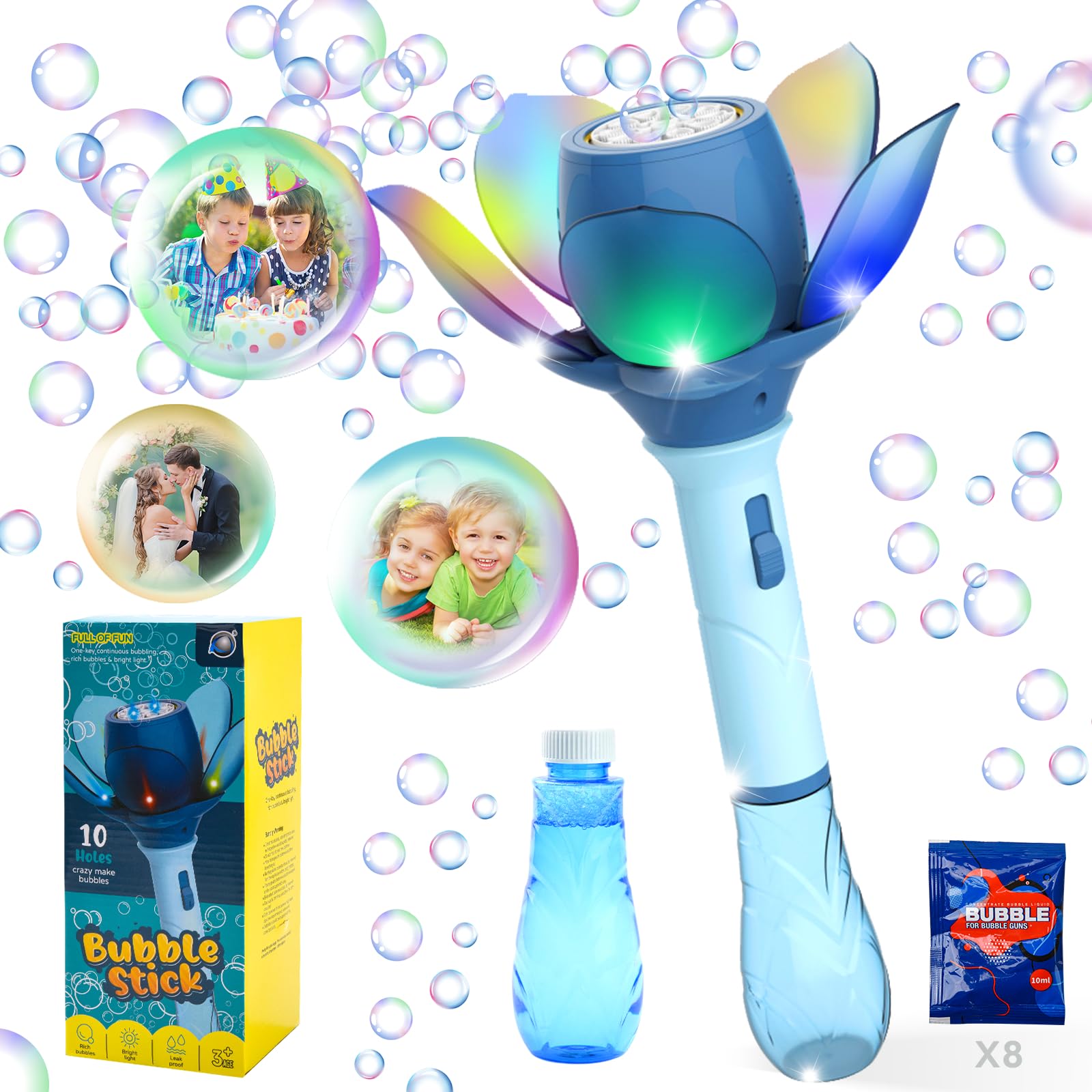 DAOUZL Blumen Seifenblasenstab LED,Elektronische Seifenblasenpistole Kinder 10000+ Blasen/Minute,Elektrisch Seifenblasenspielzeug mit 120ml Seifenblasenlösung und 80ml Seifenblasen Nachfüllflasche