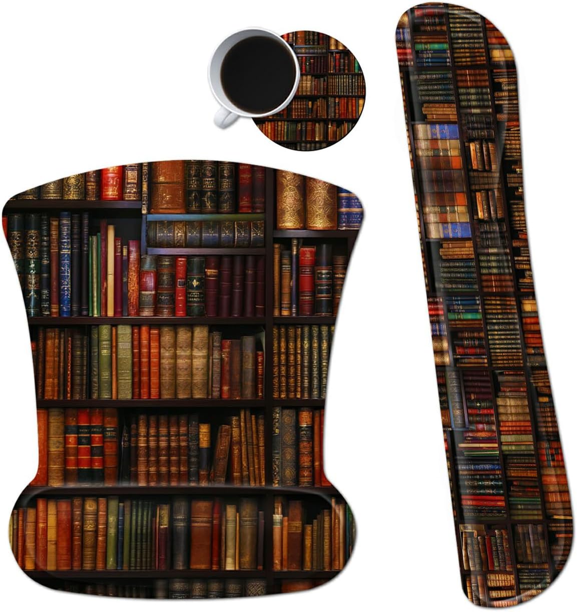 Ergonomic Mouse Pad with Wrist Support Gel Mousepads and Upgrade Keyboard Wrist Rest Pad Set, Coasters Non-Slip PU Base Mouse Mat for Office Gaming Computer Laptop Home, Library Books