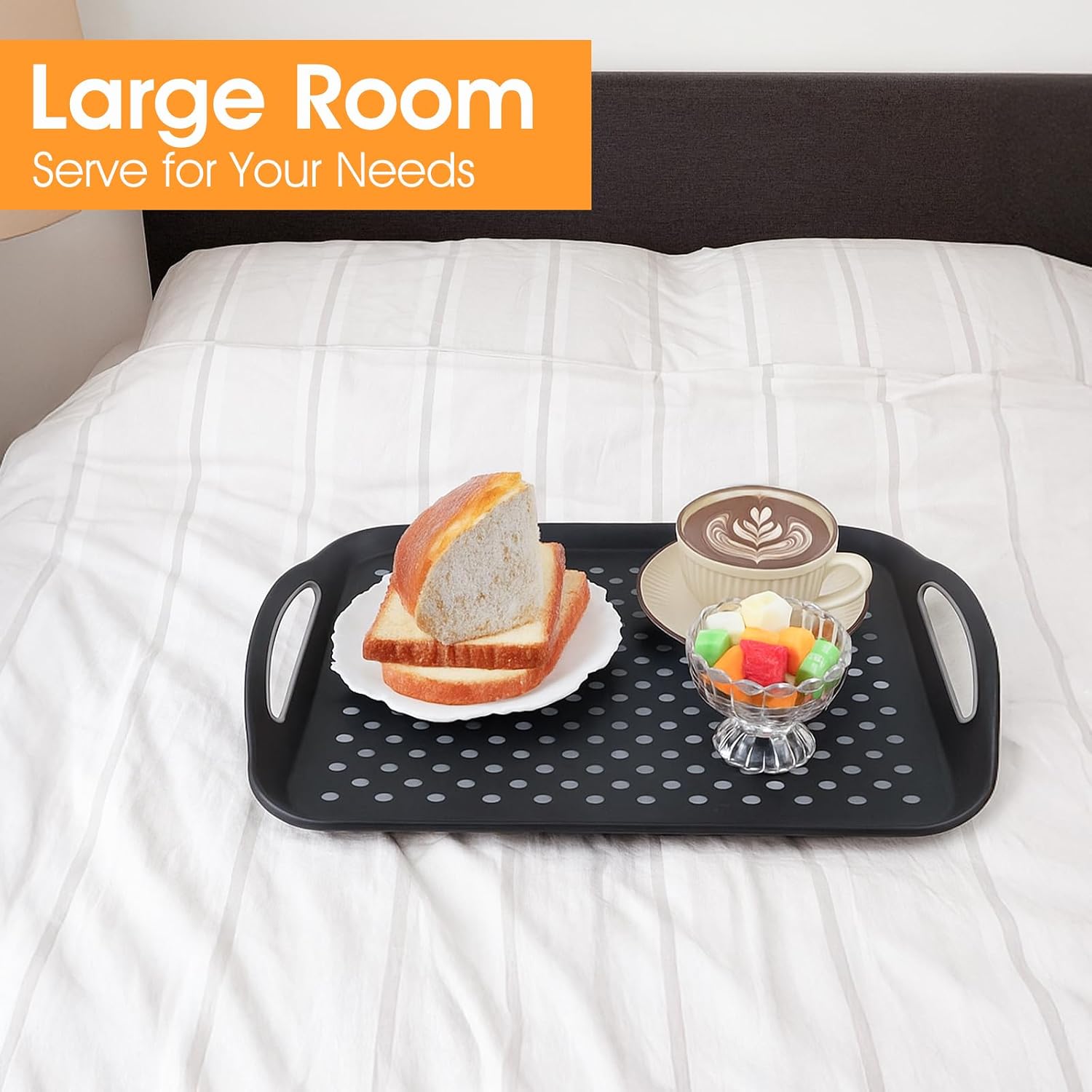 2Pcs Large Nonslip Serving Tray with Handles, Silicone Grippy Dots Lap Trays for Eating on Couch, Serving Trays for Snack Fruit Dessert Breakfast Drink, Dishwasher Rectangular