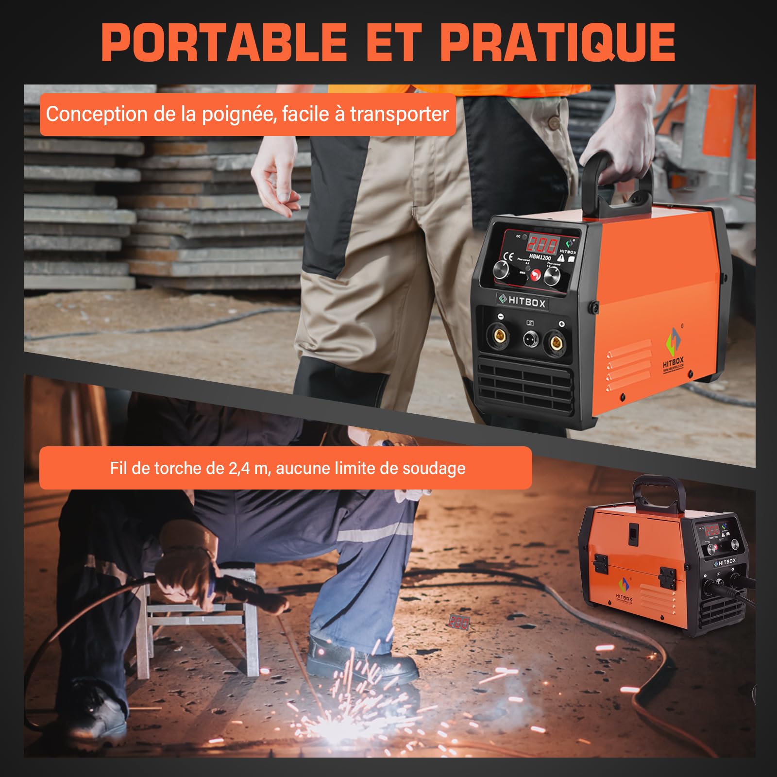 HITBOX Poste à Souder MIG Sans Gaz 200A, Soudeuse 3-en-1 Flux Core MIG/ARC/Lift TIG, Machine de Soudage Inverter IGBT 230V Portable avec Torche & Fil 0,8 mm, Idéal Débutants (HBM1200)