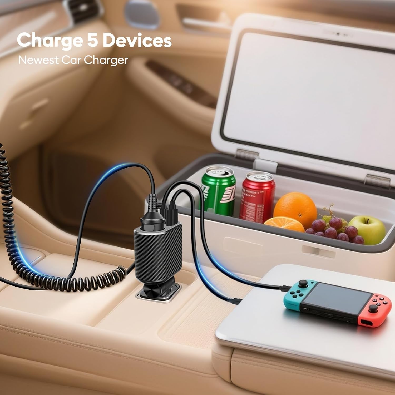 MAGJIEYX 180W Retractable Car Charger Cigarette Lighter Splitter, Fast Charging Socket with Replaceable Fuse, Dual Cables for Type-c&Lightning Cord Fits for Dash Cam/Laptop/iPad/iPhone/Galaxy