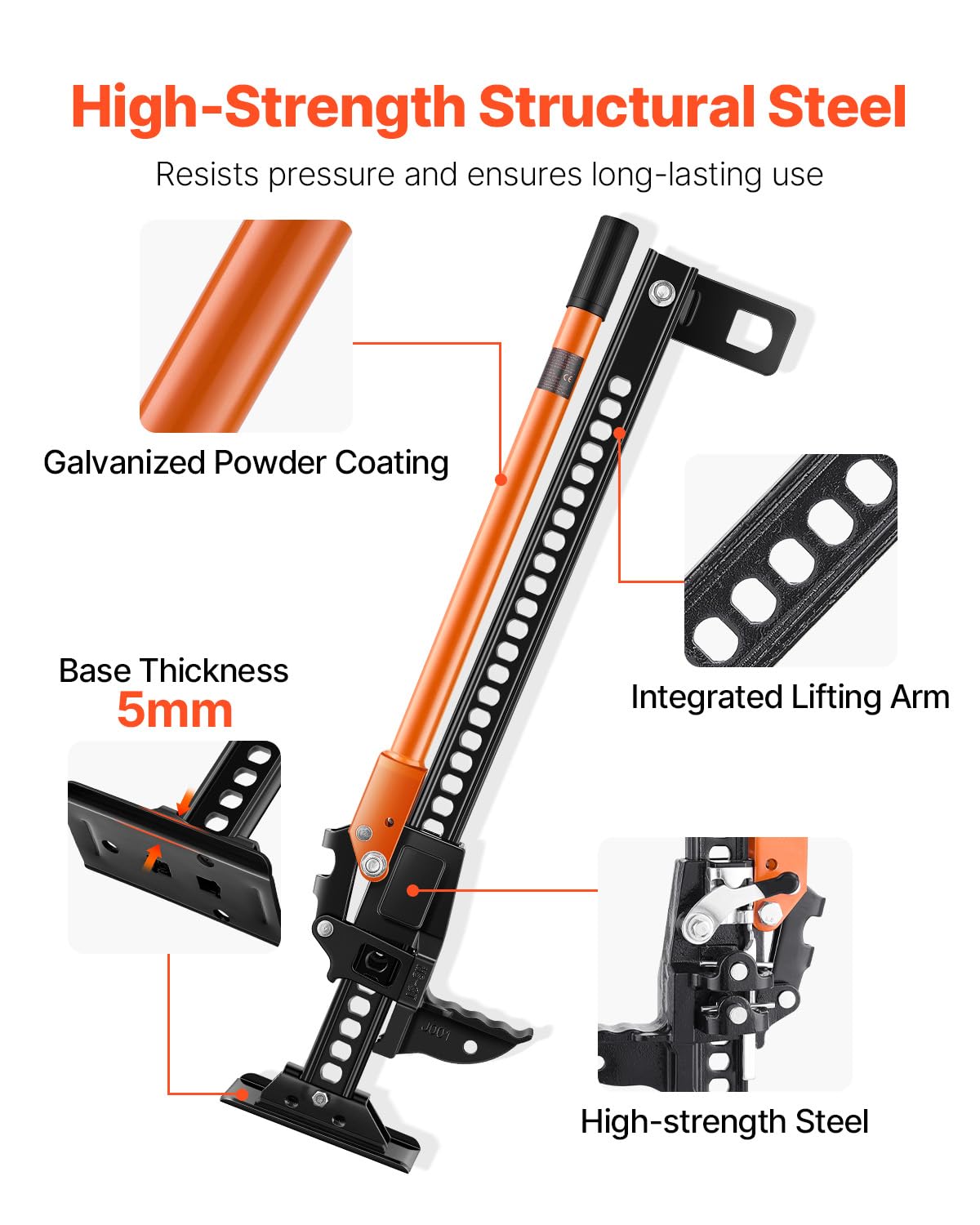 VEVOR Gato Agrícola 845 mm con Elevación Alta y Trinquete Carga Máxima de 3,18 T para Uso Todoterreno de Alta Resistencia con Rango de Elevación de 130,1 a 711,2 mm para Tractor, Camión, SUV