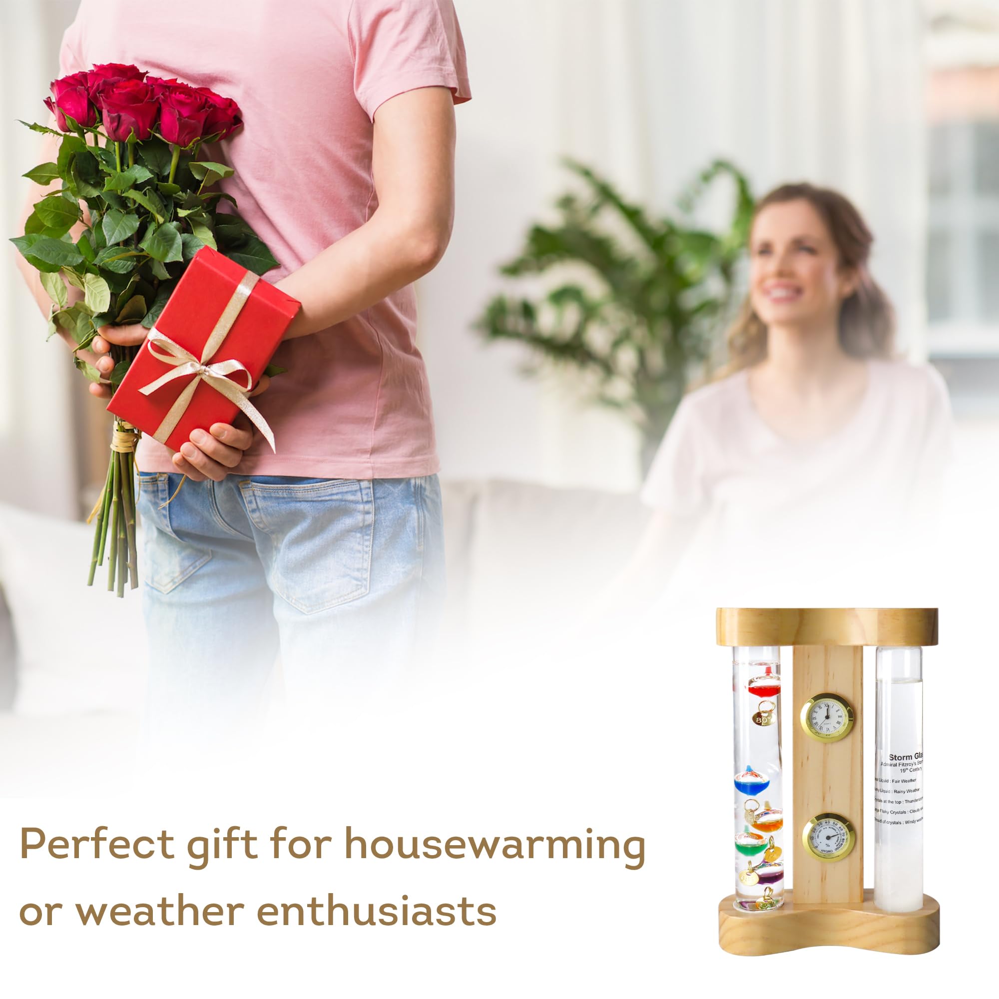 Lily's Home Stazione meteo analogica con termometro Galileo, vetro temporale, orologio al quarzo e igrometro, telaio in vetro e legno, termometro Galileo per interni ed esterni decorazione per la casa