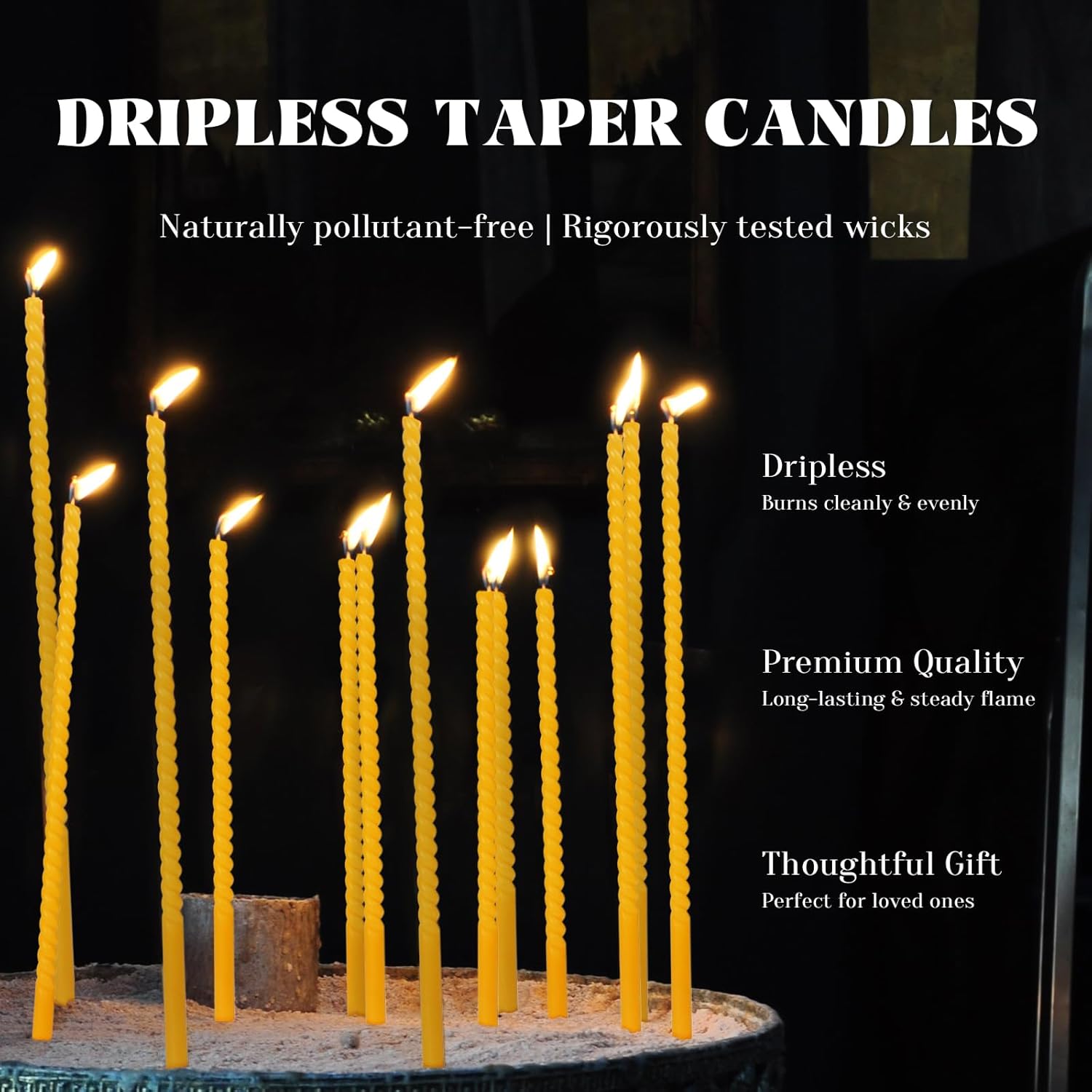 16 Pack 15-Inch Slim Beeswax Taper Candles（ 1/2 Inch ） with 2 Holders - Natural Drippless Spiral Thin Church Candle 0.5 inch Diameter, Yellow