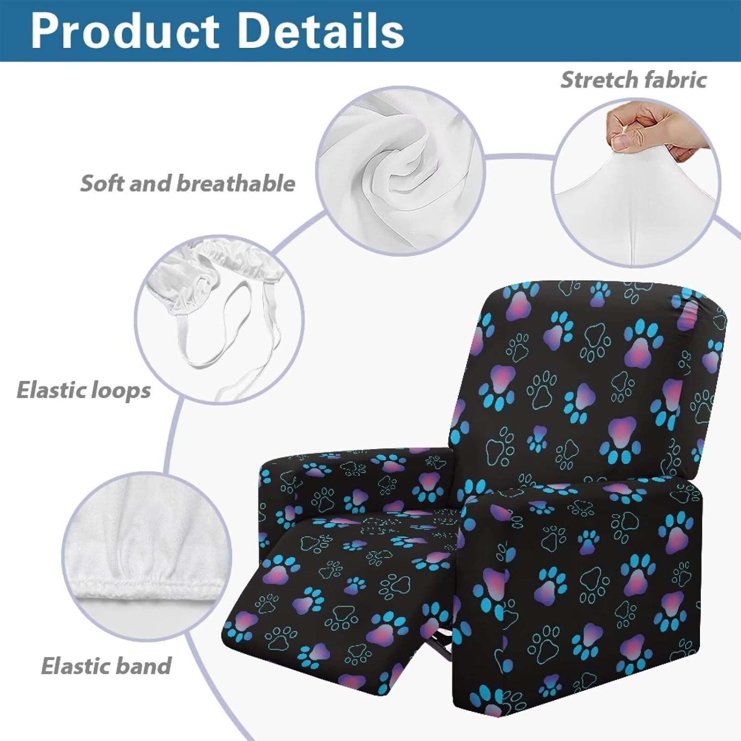 Talayituse Dog Paw Print Stretch Recliner Slipcovers Printed Sofa Cover 4-Piece Lazy Boy Chair Covers Furniture Protector Recliner Chair Cover with Storage Pocket for Living Room