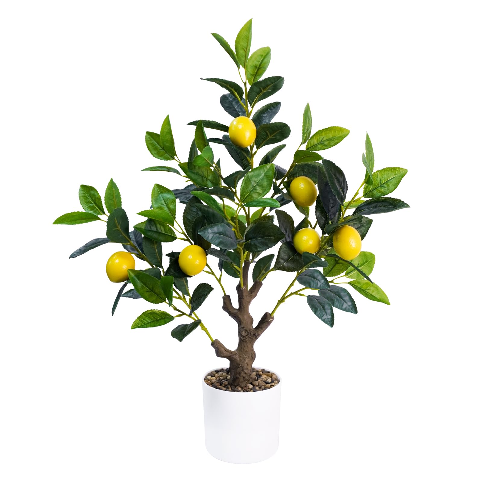 Condition photo showing New/Like New for 24Inch Fake Lemon Tree, Lemon Decor for Tabletop, Desk, Centerpiece, Home, Kitchen, Living Room, Artificial Potted Plants with White Planter and Stone Cover
