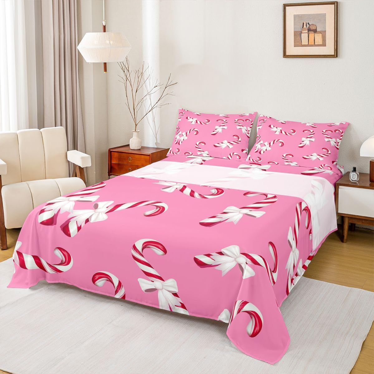 Erosebridal Xmas Candy Cane Sheet Set King for Kids Toddler Girls - New Year Gift Bed Sheets Kawaii White Bow Christmas Bedding for Kids Boys Girls,Xmas Cane Stripe Bed Sheets Set 4 Piece