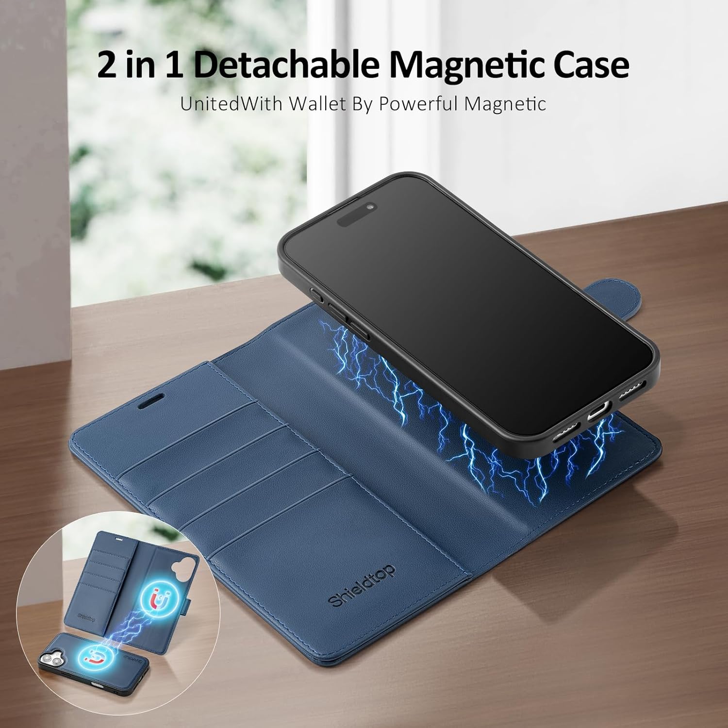 Shieldtop Compatible with Magsafe Magnetic 2 in 1 Detachable iPhone 17 Wallet Case with Card Holder Credit Slots Men Women,PU Leather RFID Blocking Flip Kickstand for Apple 17 6.3",Blue