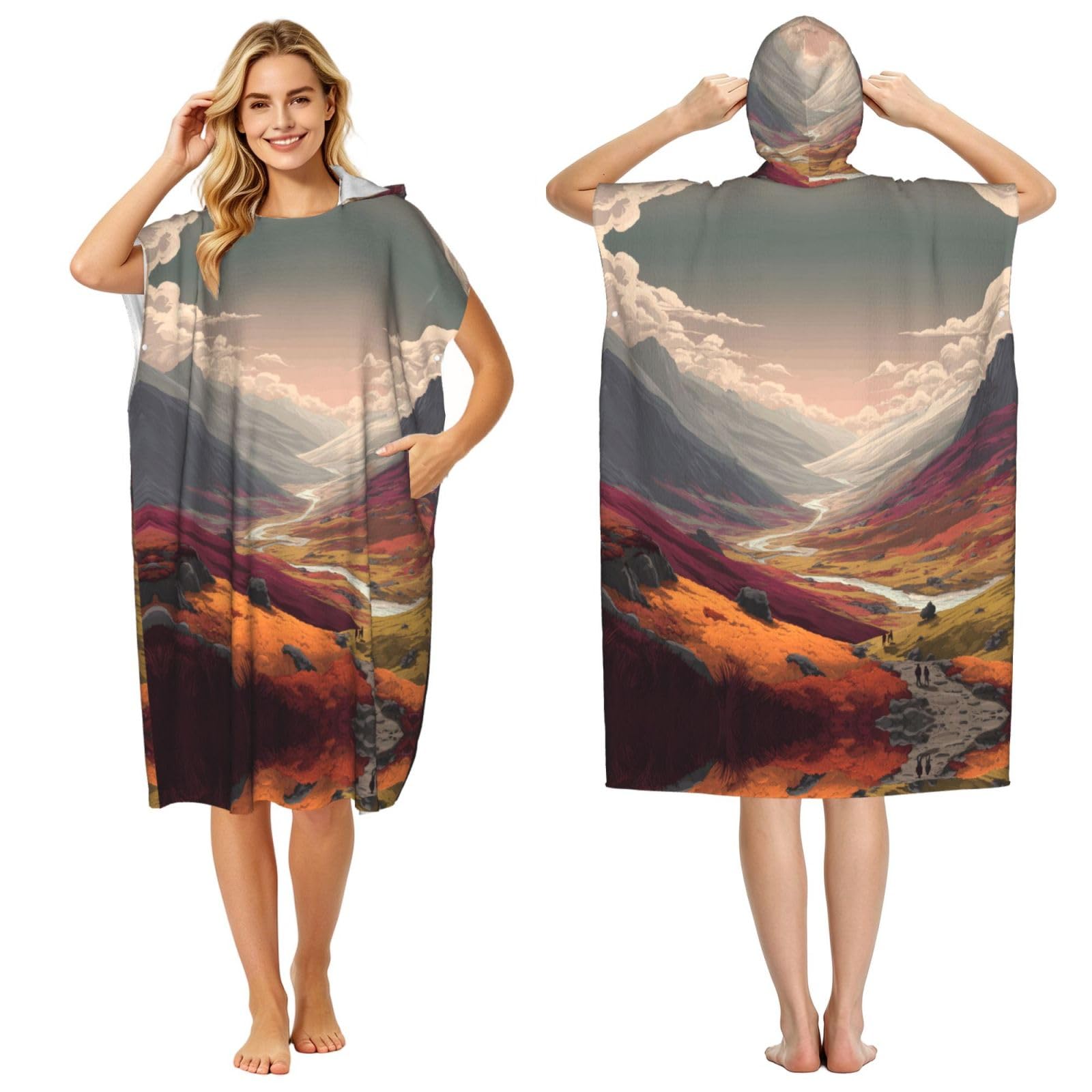 ESNAIUVCD Valley Print Changing Robe, Hooded Towel Poncho For Swimming Pool, Beach,Quick Dry & Light Weight Towelling Poncho For Adults Women Men