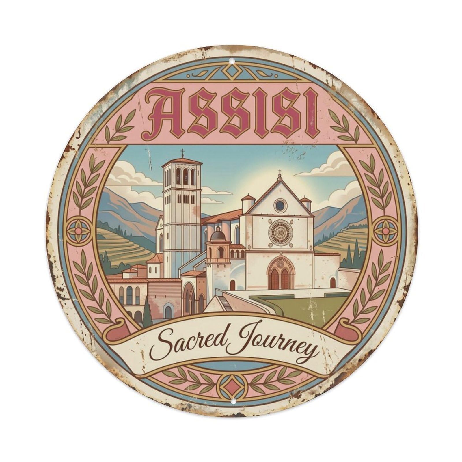 Fqcyn Style Vintage Travel Assisi Basilica Italy Metal Tin Sign Plaque Wall Decor For Cafe, Club Bar, Office, Home Garden Round Metal Poster 8X8inch