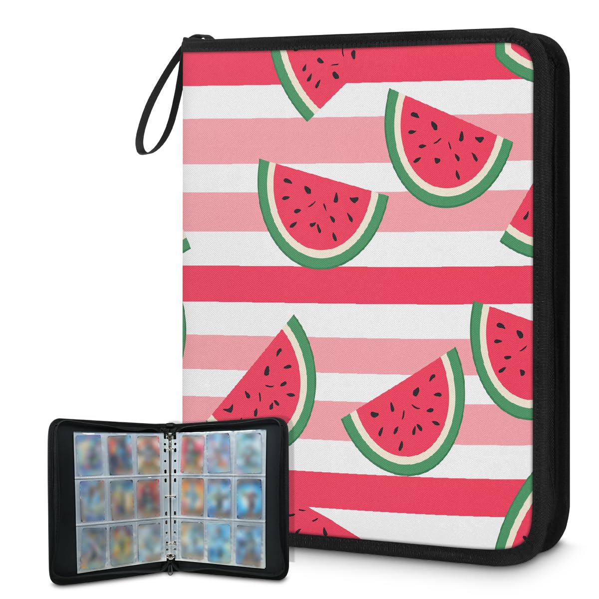 Raccoglitore per carte con 9 tasche, 900 tasche, con chiusura a cerniera (anguria a righe rosa)