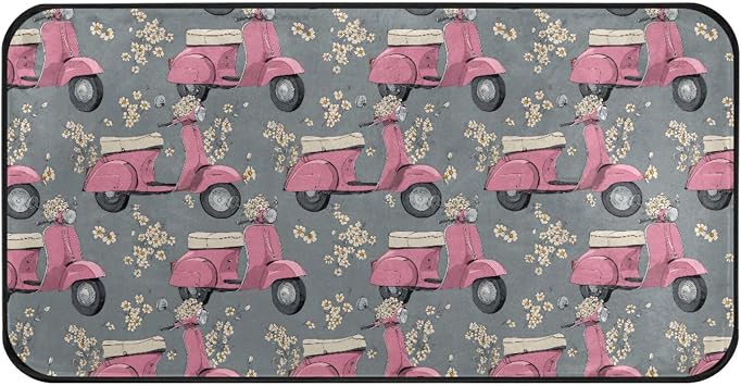 susiyo Kitchen Mat Pink Retro Motorbike Kitchen Rug Mat Anti-Fatigue Comfort Floor Mat Non Slip Oil Stain Resistant Easy to Clean Kitchen Rug Bath Rug Carpet 39x20 Inches