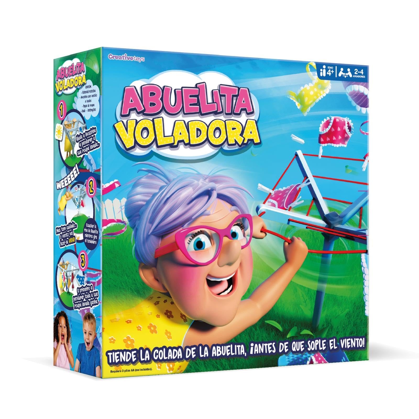 Creative Toys Abuelita Voladora Juego de Mesa Familiar | Set de Habilidad y Reflejos con Tendedero Giratorio | Actividad Creativa con Dado para Fiestas en Casa | 2 a 4 Jugadores