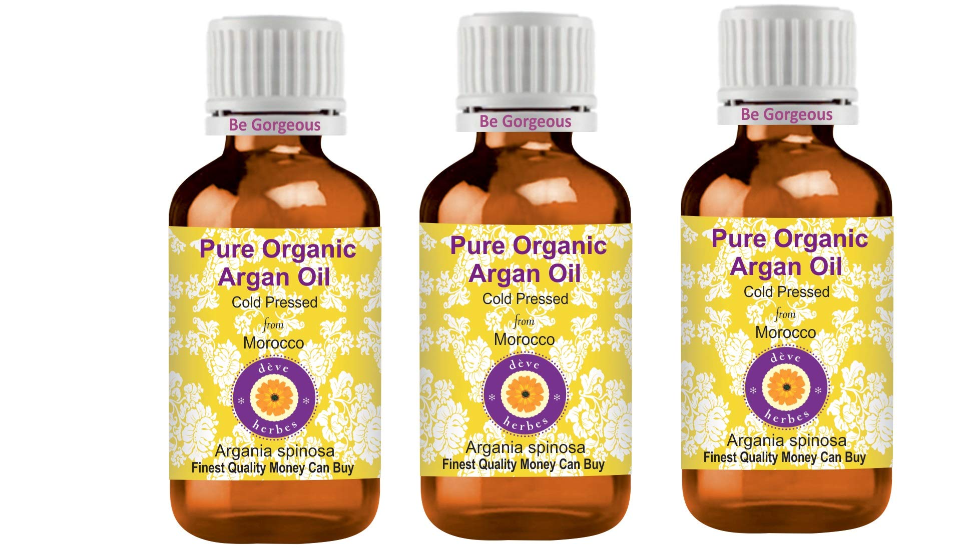 Deve Herbes Pure Organic Argan Oil (Morrocan) (Argania spinosa) 100% Natural Grado terapéutico Prensado en frío 100ml Pack of Three (10,1 oz)