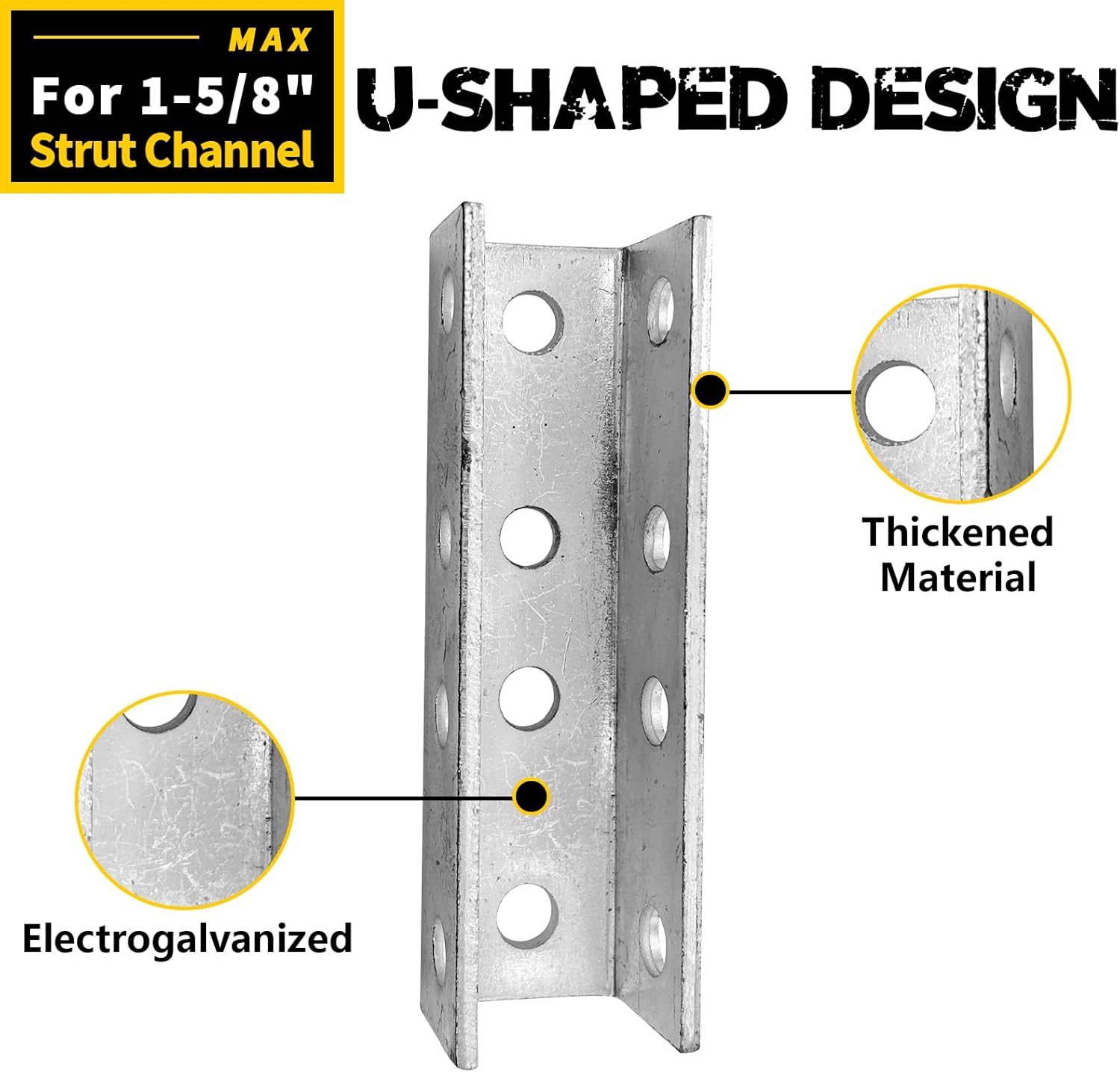 U-Shaped Brace Fitting,0.157“ Thick Heavy Duty Strut Connector Bracket External Channel Coupler for 1/2" Bolt in 1-5/8" Strut Channel,Electrogalvanized Single Channel Brace- 2Pack