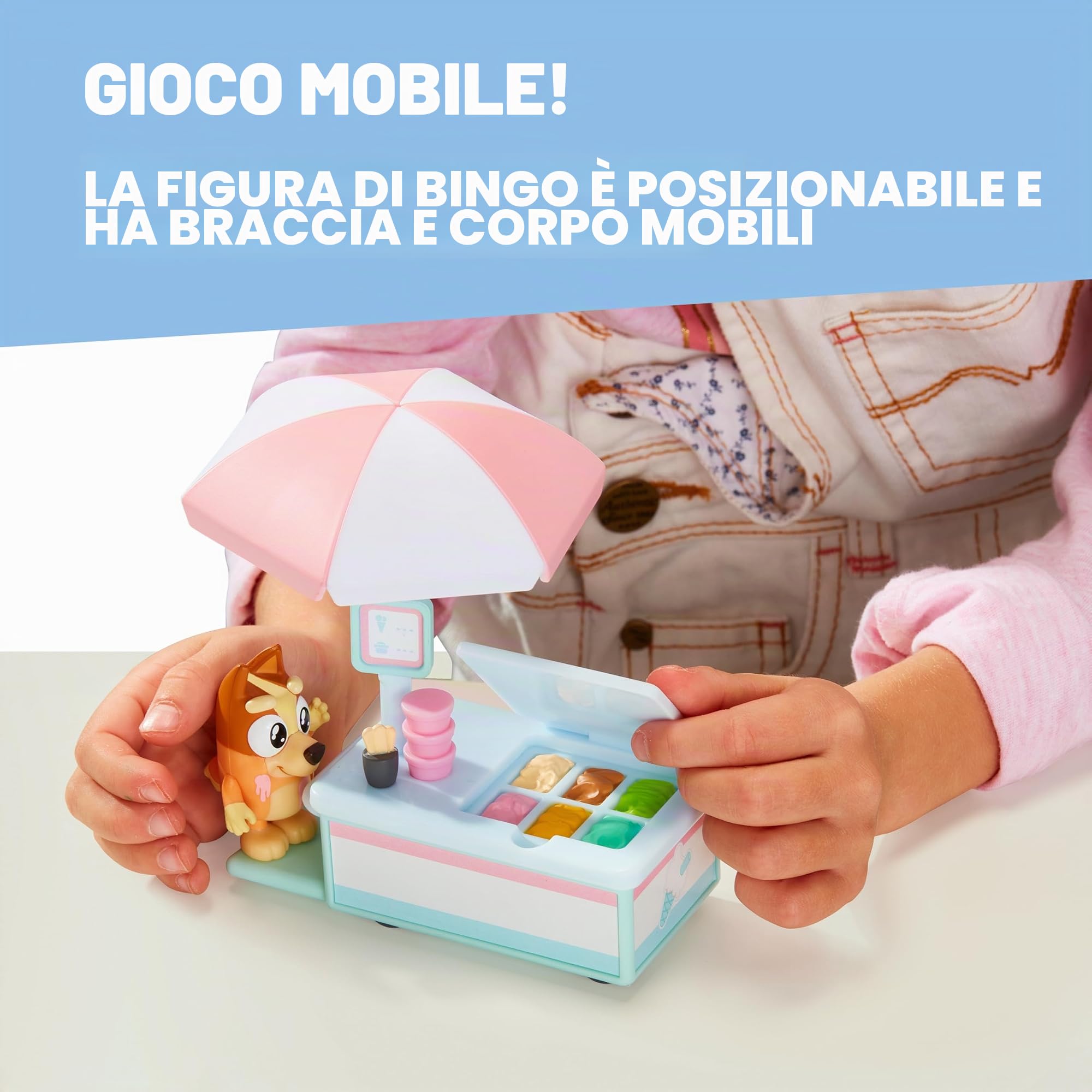 Bluey Bingo's Ice Cream Vehicle Playset con Bingo da collezione ufficiale da 6,3-7,6 cm, action figure con il suo carrello dei gelati