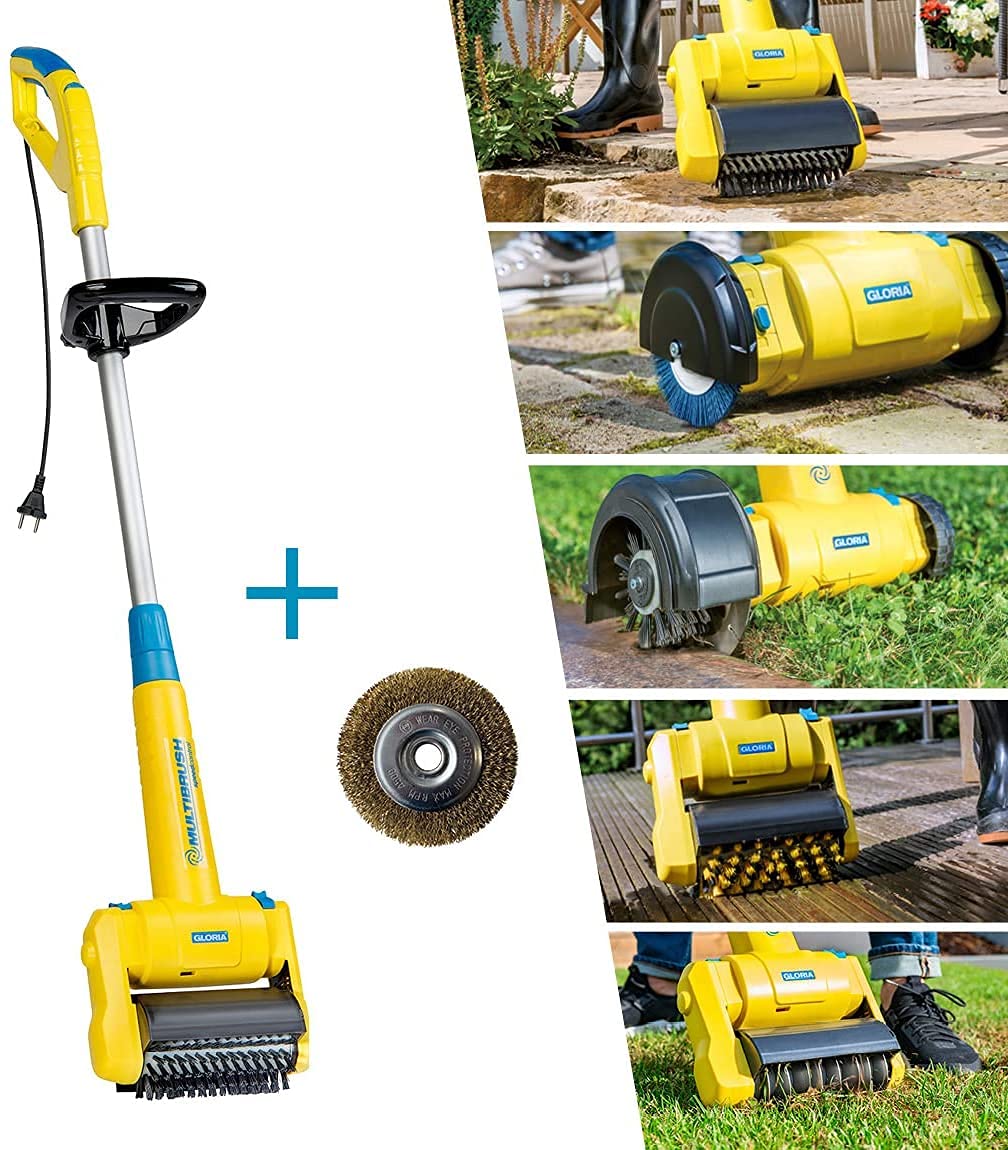 Gloria MultiBrush speedcontrol - Cepillo eléctrico multifuncional para jardín: limpieza de juntas, madera, piedra, eliminación de musgo y hierba, recortadora, escarificadora, incluye 2 accesorios