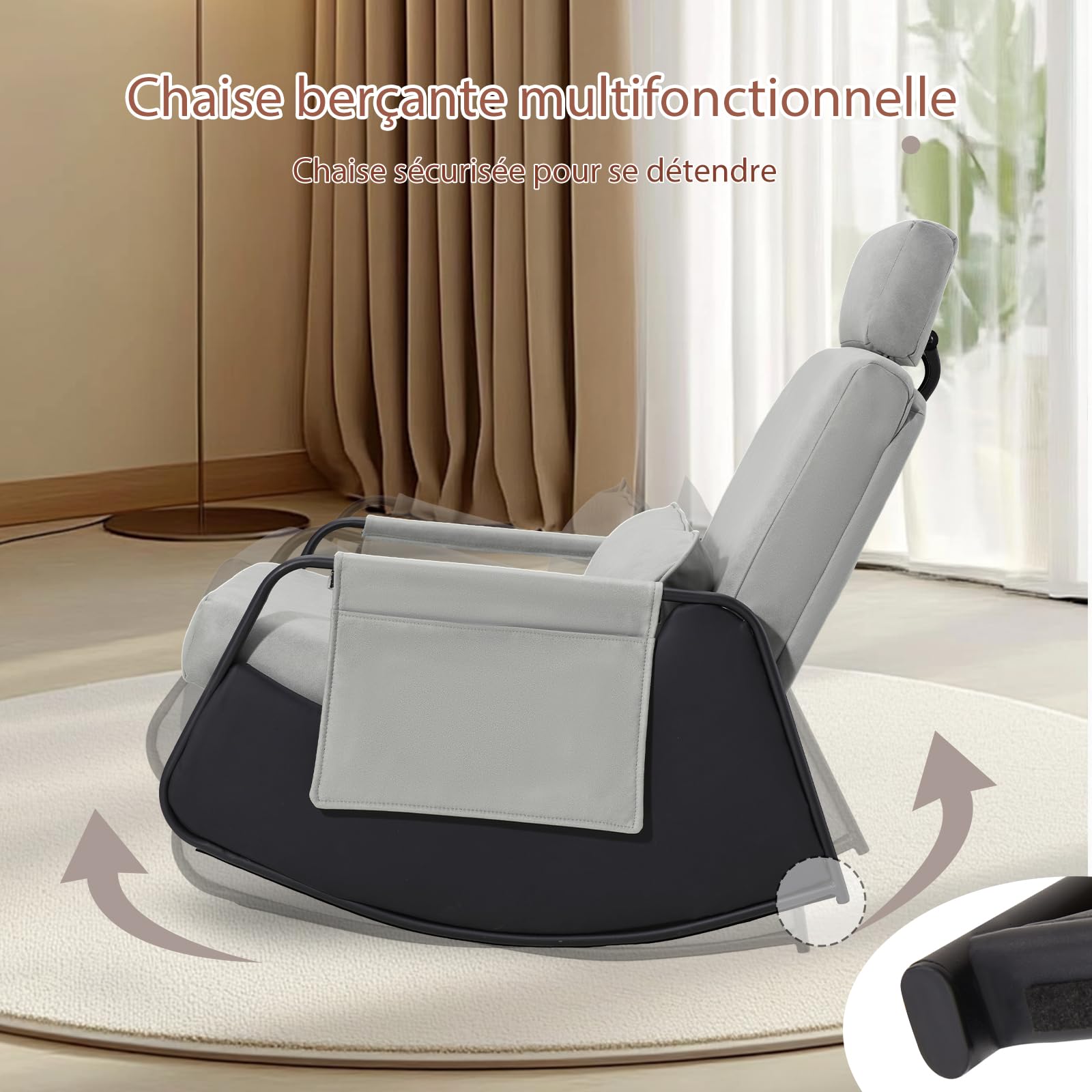 YODOLLA Fauteuil à Bascule, Rocking Chair avec Repose-Pieds Extensible, Dossier & Appui-Tête Réglables, Poche Latérale(Cuir, Gris)
