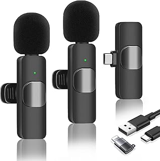 Wireless Lavalier Microphone, Wireless Microphones for iPhone/Android/iPad/Laptop, Clip on Microphone Plug-Play and Noise Reduction, 2 Pack Lapel Mic for Recording, Live Streaming (Black)