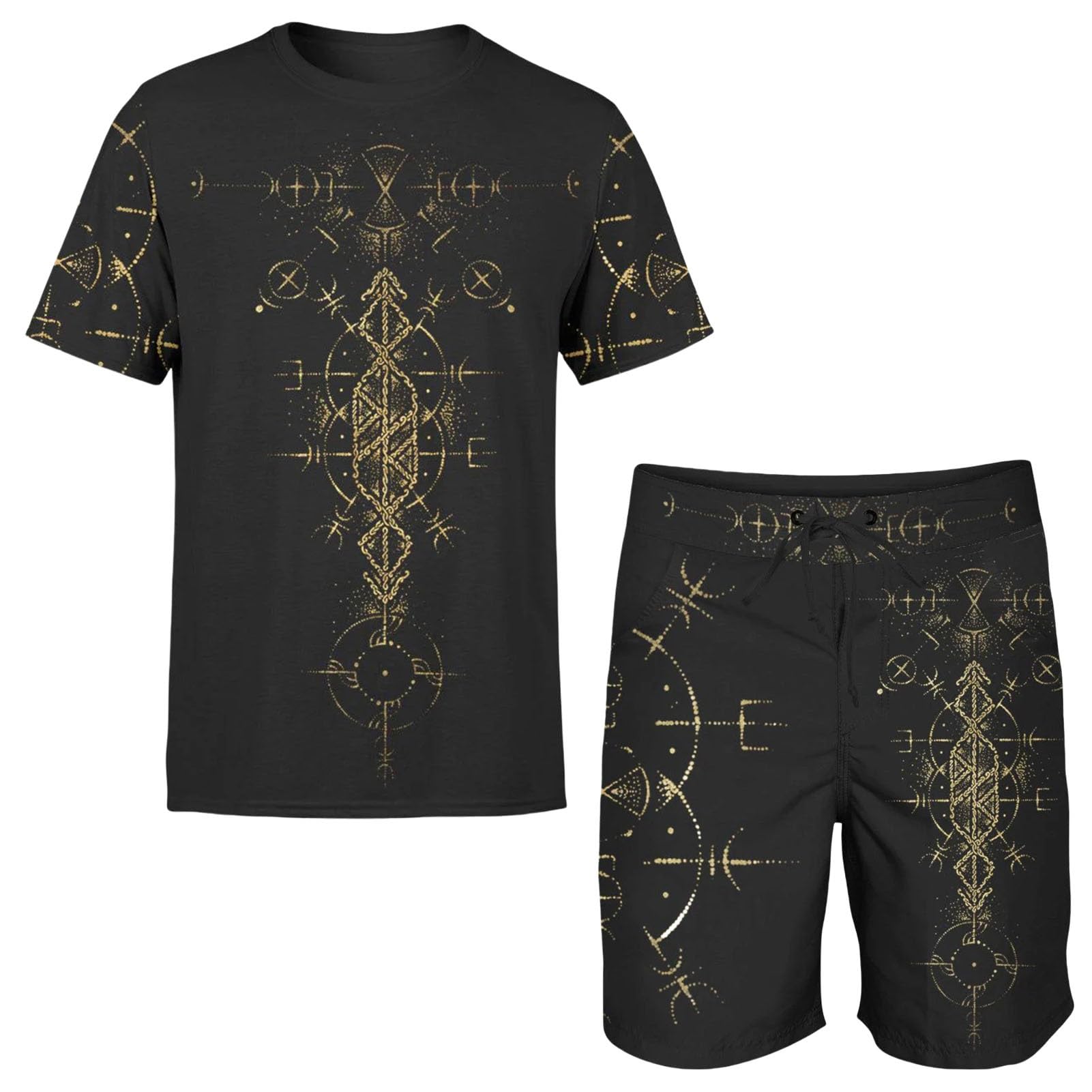 Ldzdgd Unisex Black Viking T-Shirt And Shorts Set, Lightweight Nordic Workout Outfit With Gold Spiritual Runes For Summer Training(5Xl)