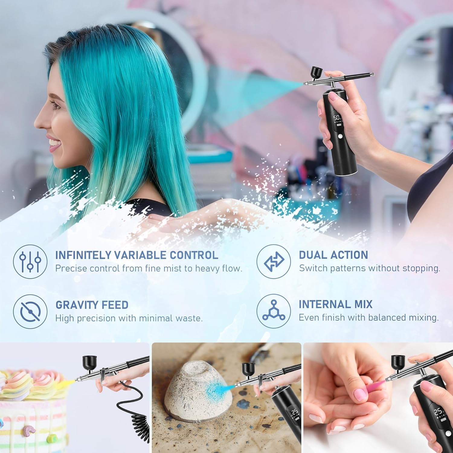 Airbrush Kit with Compressor, 2 Airbrushes, 6400mAh 50PSI High Pressure Airbrush for Nails with 0.2/0.3/0.5mm Nozzle Sets, Airbrush for Nails, Modeling, Cake Decorating, Pastry (Matte Black)