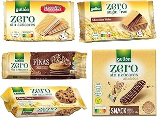 Gullón Zero Zuckerfrei Keks – 5-Sorten-Assortiment: Vanille- & Schoko-Waffeln, Finas Choco Leche, Snack Choco & Chip Choco – ohne Zuckerzusatz, ballaststoffreich – Mixpackung