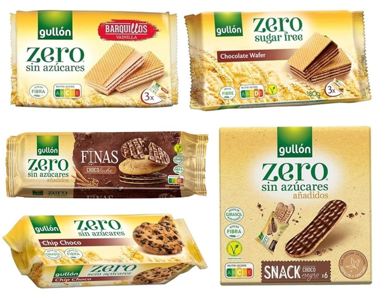 Gullón Zero Zuckerfrei Keks – 5-Sorten-Assortiment: Vanille- & Schoko-Waffeln, Finas Choco Leche, Snack Choco & Chip Choco – ohne Zuckerzusatz, ballaststoffreich – Mixpackung