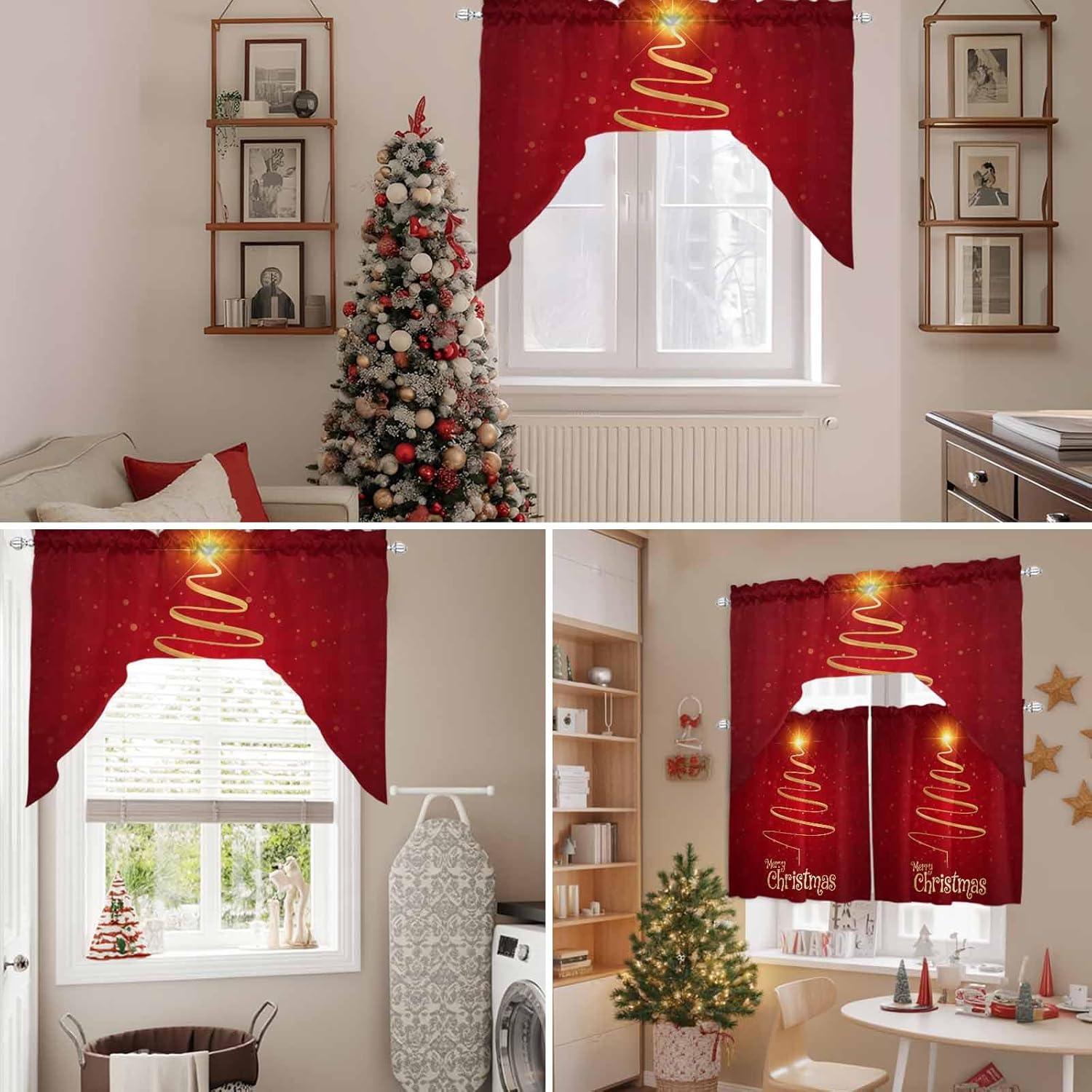 Merry Christmas Swag Kitchen Curtain Sets with Valance, 3 Pieces Decorative Sparkles Holiday New Year Curtain Drapes Rod Pocket for Bedroom Living Room Bathroom Cafe Windows, 56''x36'' & 36''x27.5''x2