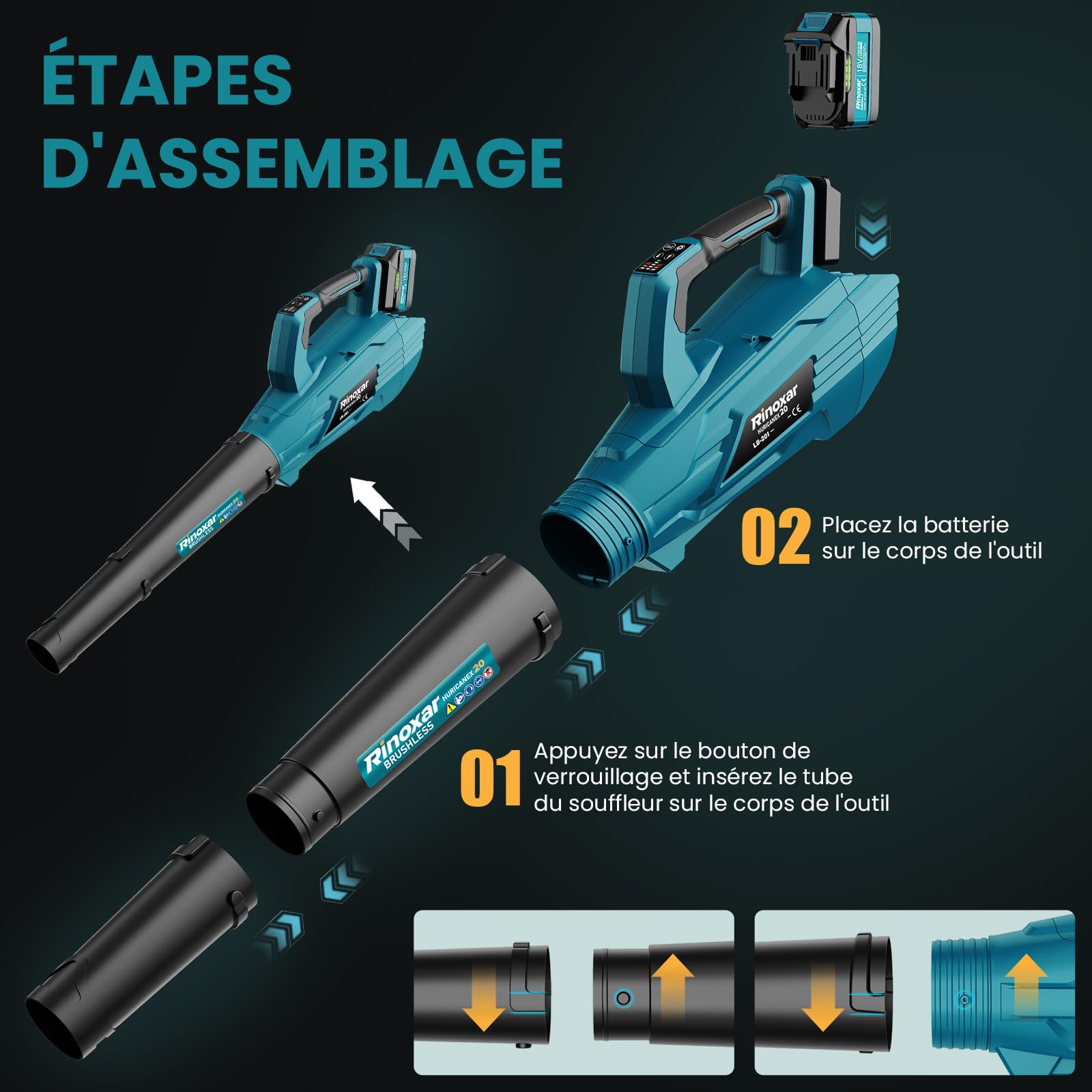 Souffleur Batterie, 5 Vitesses Souffleurs de Feuilles sans Fil avec Moteur Brushless, 2 Batteries 5.2Ah/18V, 35.000 RPM, Vitesse de l'Air 180 km/h, Débit d’Air 800 m³/h, 2 Buses Interchangeables