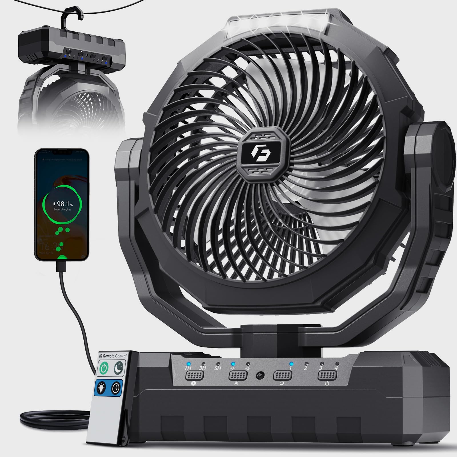 FRIZCOL 3-in-1 Camping Fan - Portable Fans Rechargeable - 24000mAh Battery Powered Fan with Light for Indoor, Outdoor, Tent, Travel, Fishing, Jobsite, Gifts for Men Dad Him – Black Coal