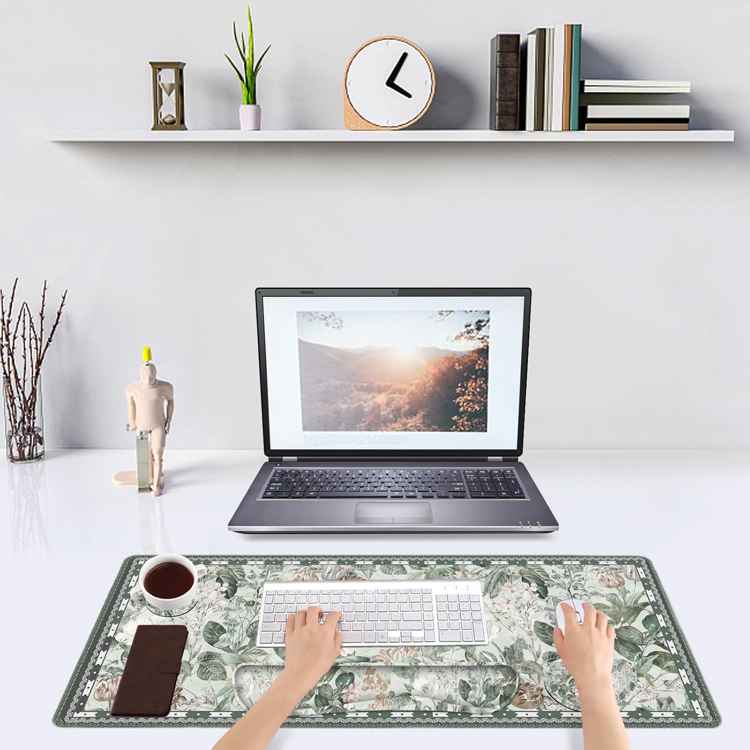 DINKY Large Mouse Pad and Keyboard Wrist Rest, Desk Pad for Keyboard and Mouse, Extended Mouse Pad with Wrist Support, 4 in 1 Non-Slip Desk Mat Blotter for Office, Home, Green Vintage Leaf Flower
