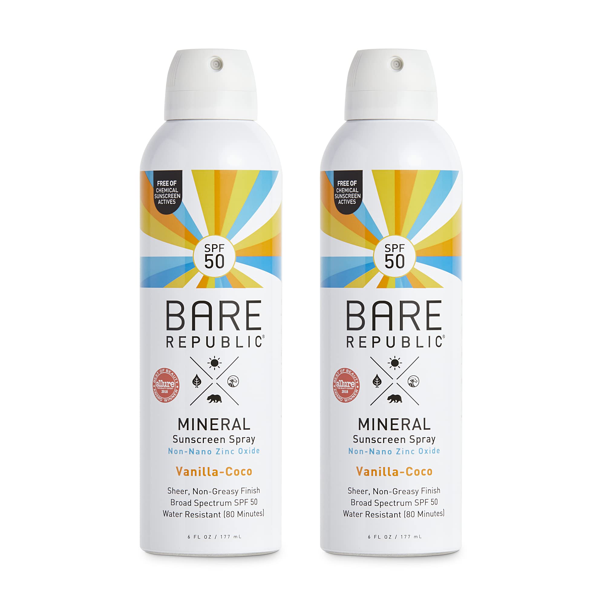 Bare Republic Mineral SPF 50 Sport Sunscreen Spray Vanilla-Coco Sheer and Strong Water-Resistant Sunscreen Spray with SPF 50